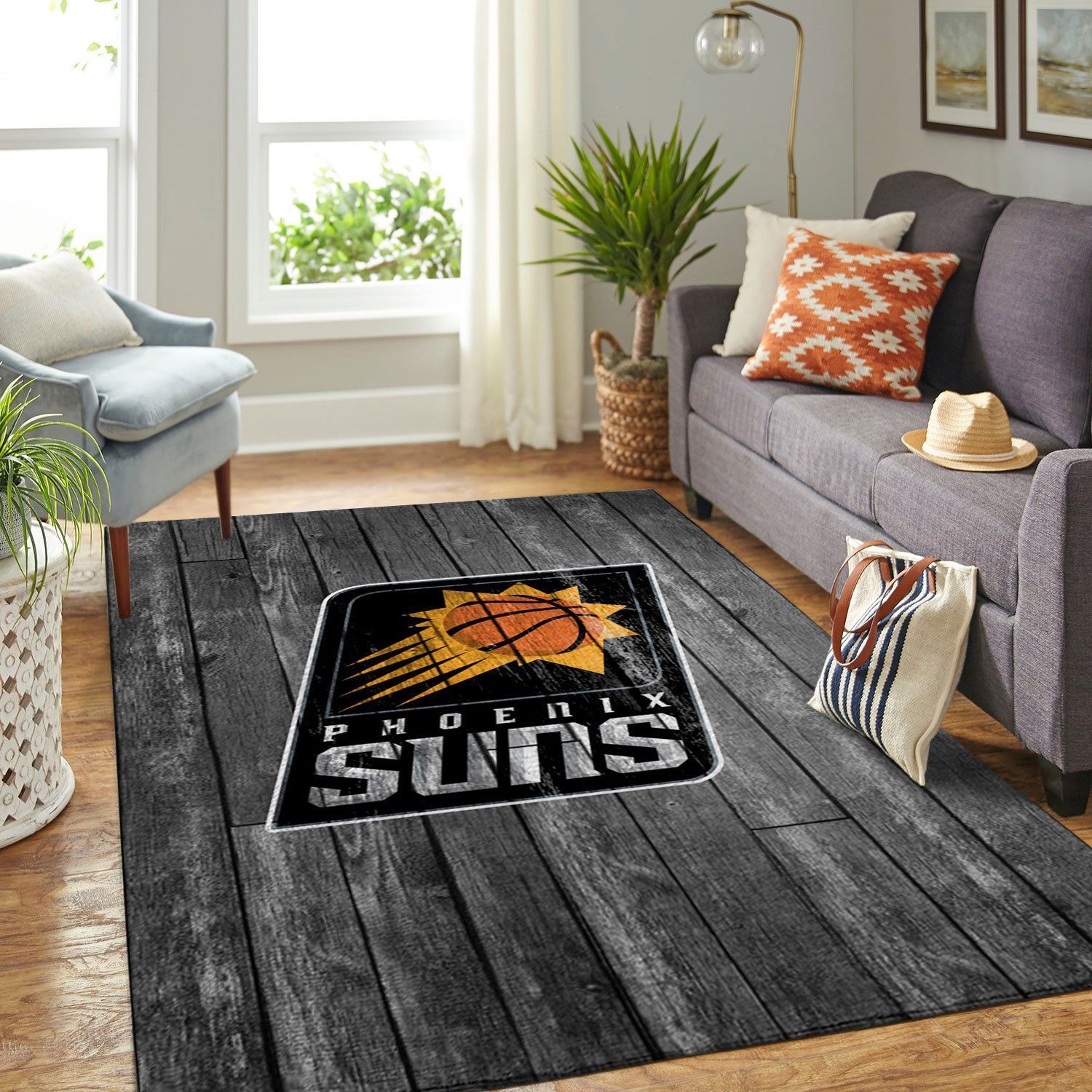 Phoenix Suns Nba Team Logo Grey Wooden Style Nice Gift Home Decor Rectangle Area Rug - Indoor Outdoor Rugs