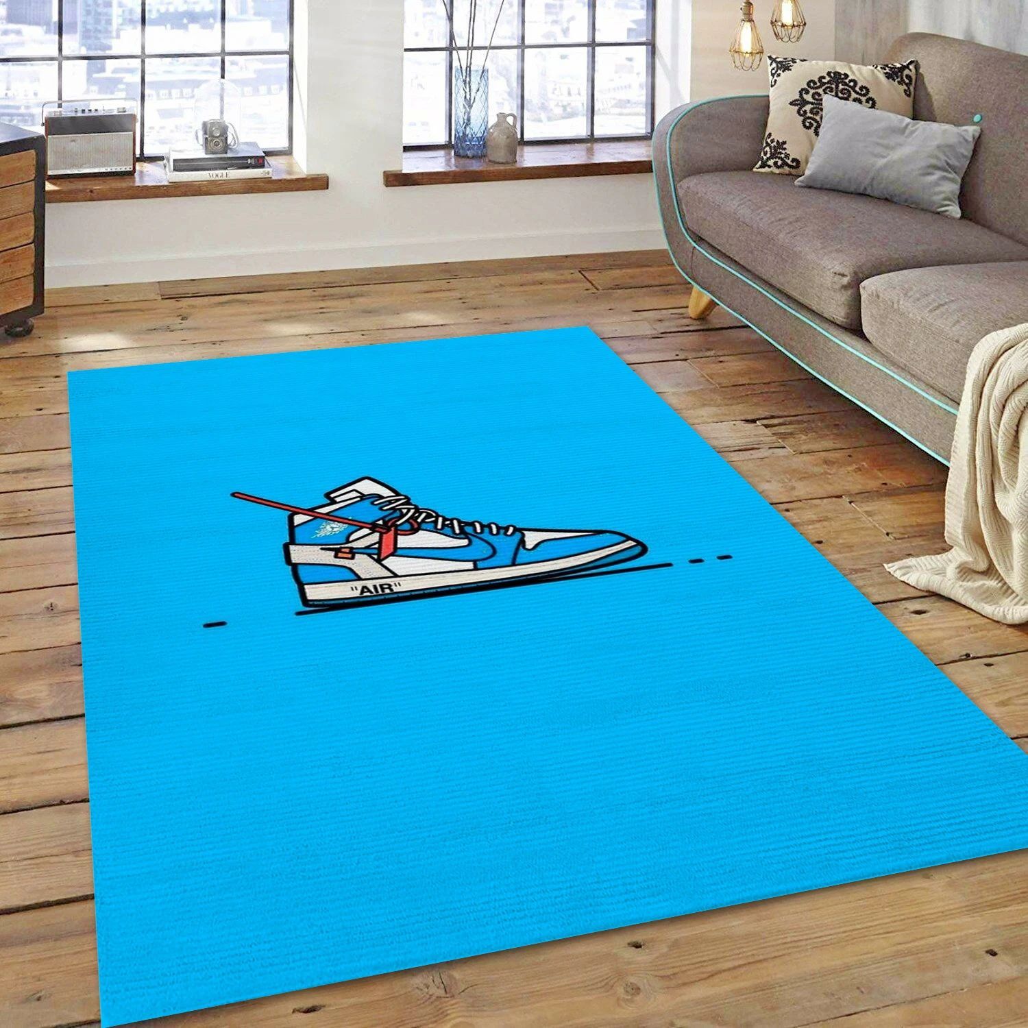 Jordan 1 Off White Blue Fashion Brand Rectangle Rug, Living Room Rug - US Decor - Indoor Outdoor Rugs