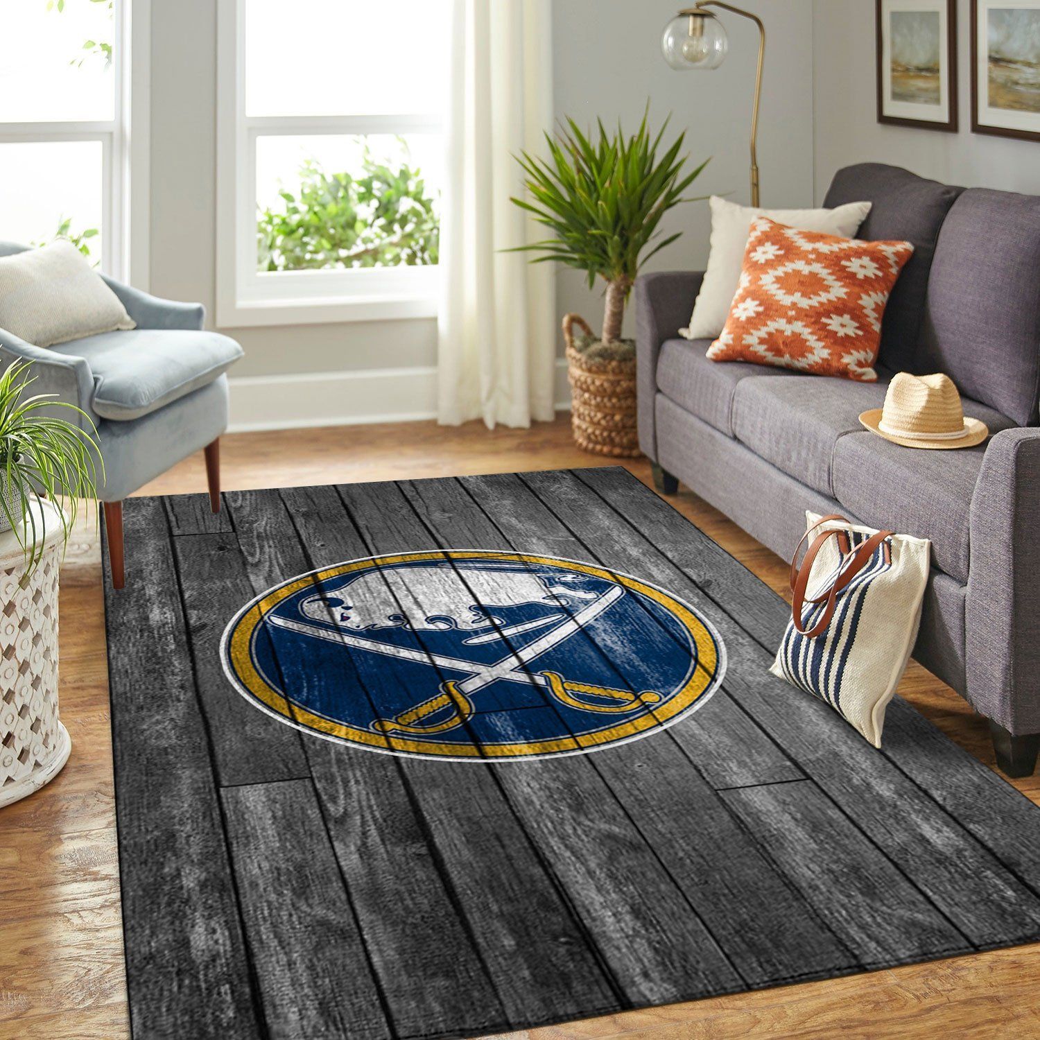 Buffalo Sabres Nhl Team Logo Grey Wooden Style Nice Gift Home Decor Rectangle Area Rug - Indoor Outdoor Rugs