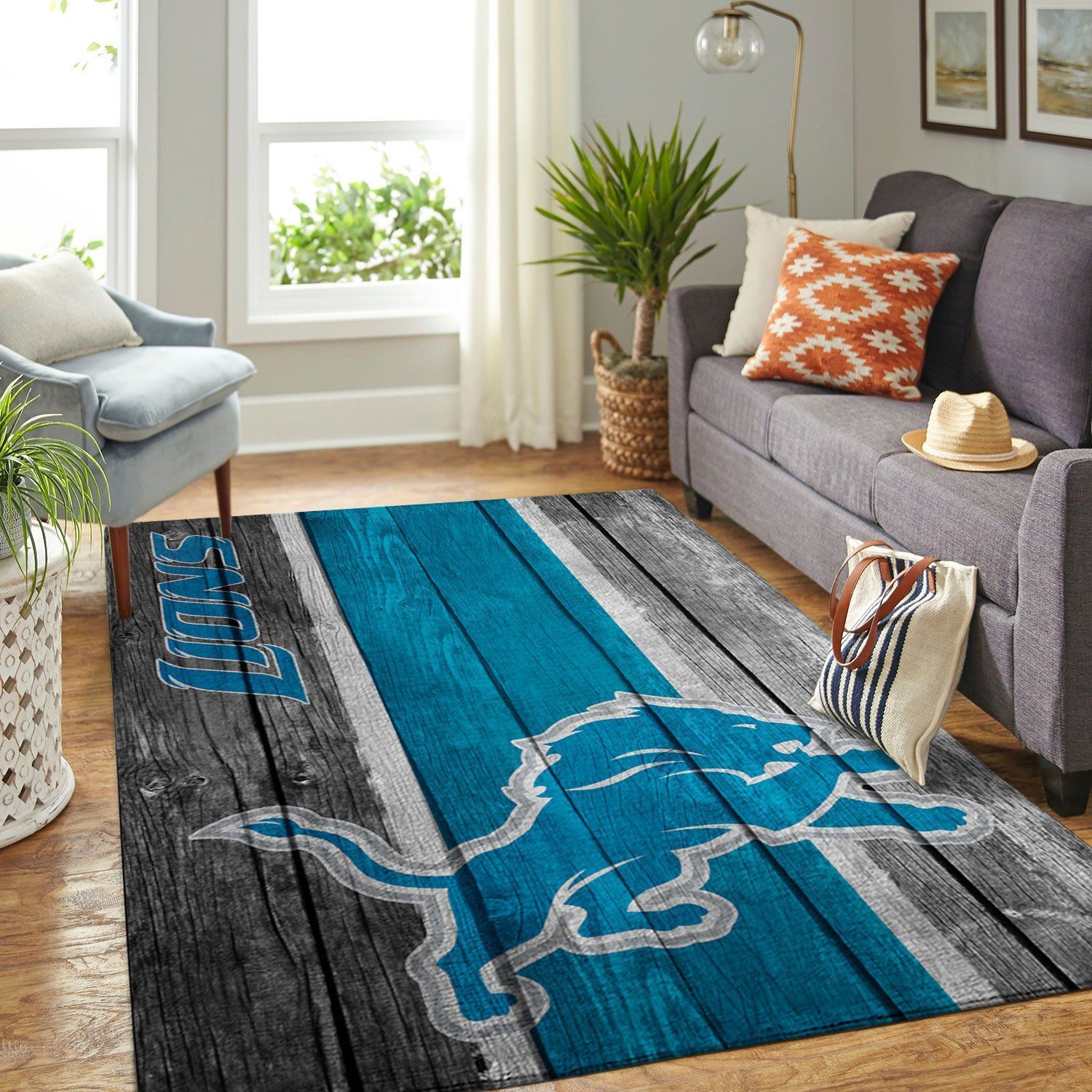 Detroit Lions Nfl Team Logo Wooden Style Style Nice Gift Home Decor Rectangle Area Rug - Indoor Outdoor Rugs