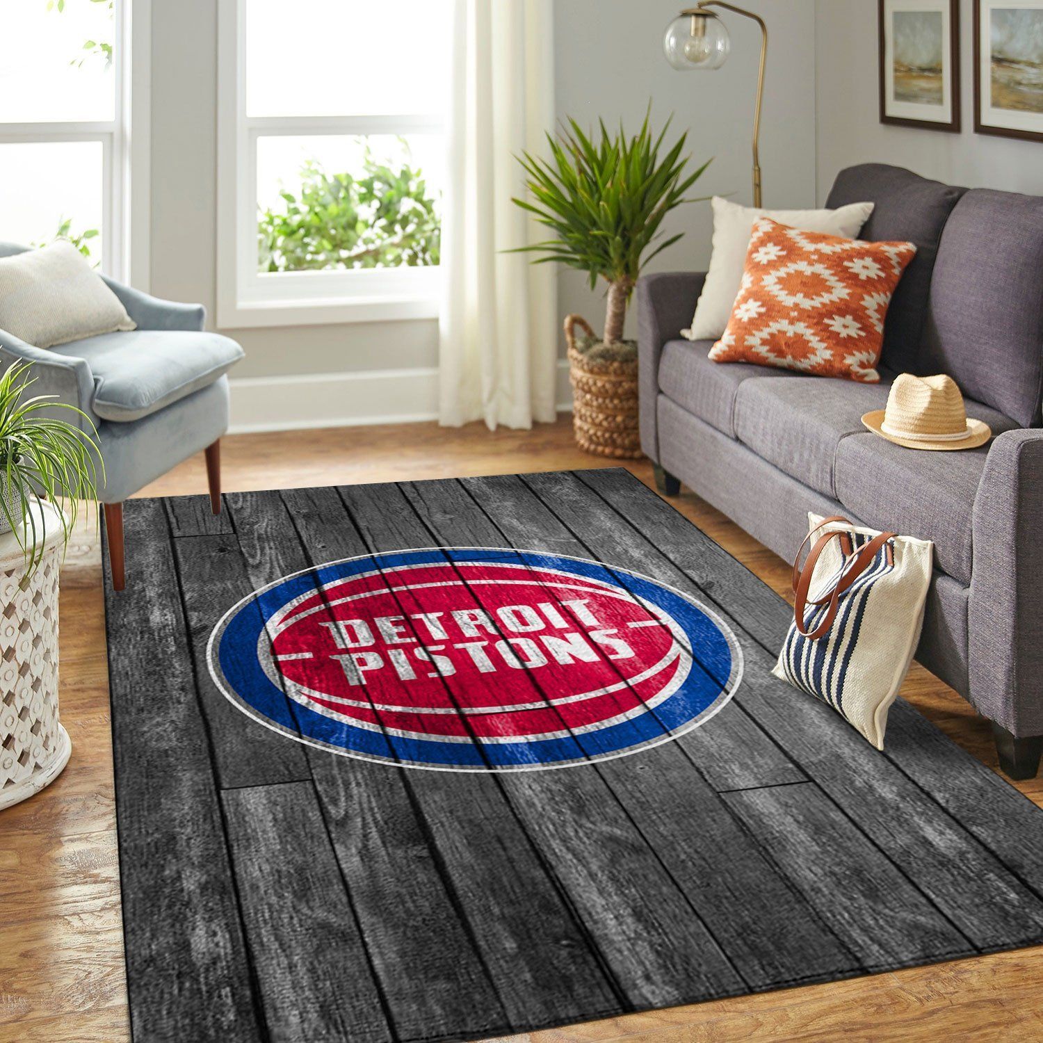 Detroit Pistons Nba Team Logo Grey Wooden Style Nice Gift Home Decor Rectangle Area Rug - Indoor Outdoor Rugs