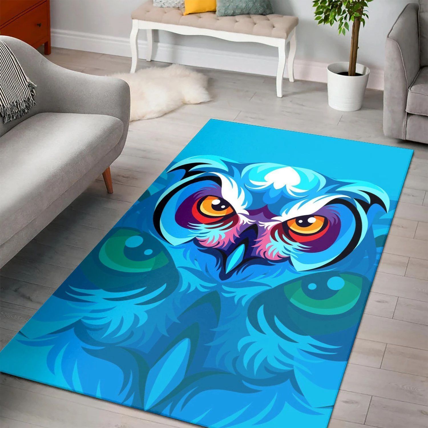 Blue Owl Head Living Room Area Rug, Christmas Gift, Floor Decor Home Decor - Indoor Outdoor Rugs