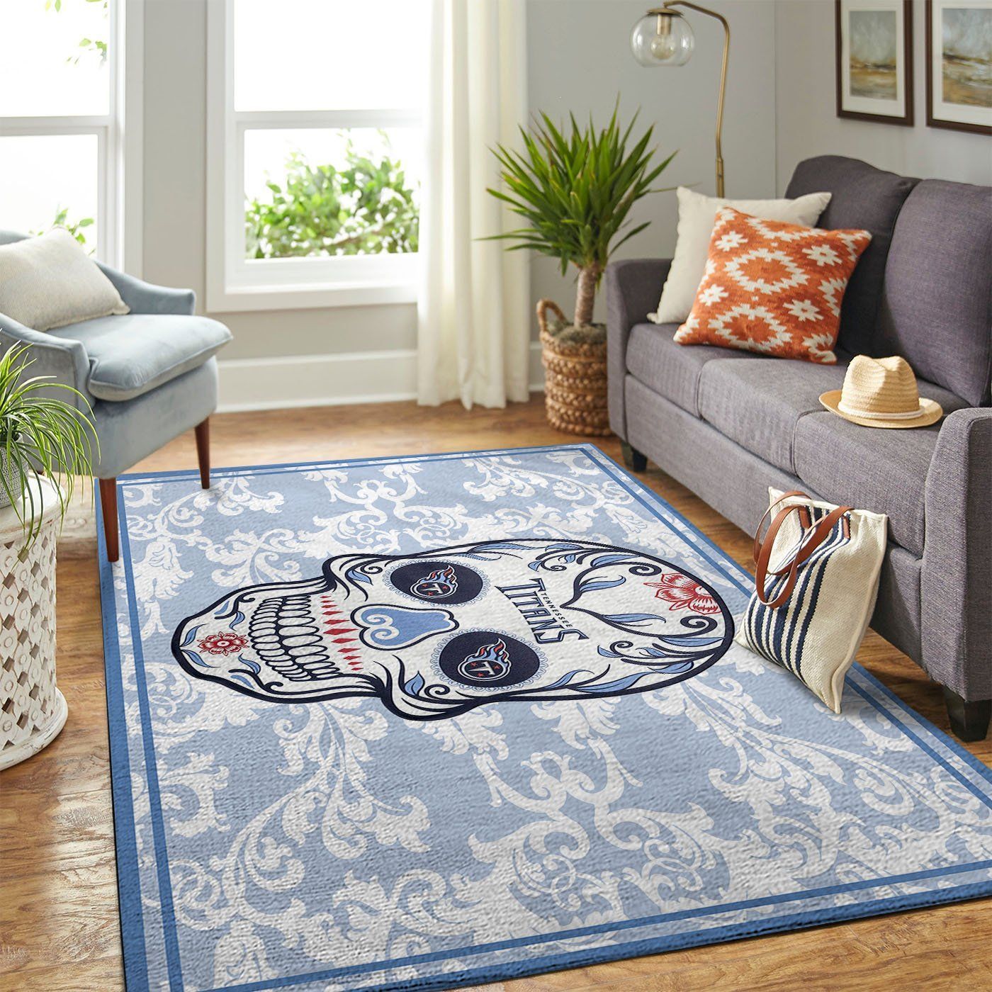 Tennessee Titans Nfl Team Logo Skull Flower Style Nice Gift Home Decor Rectangle Area Rug - Indoor Outdoor Rugs