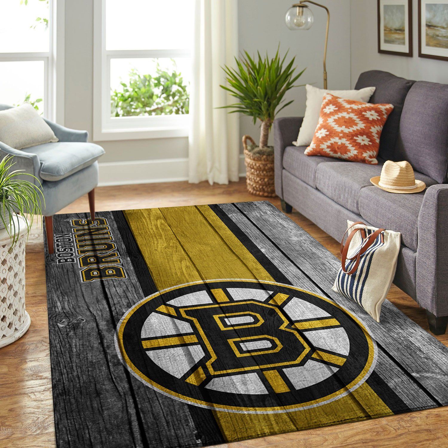 Boston Bruins Nhl Team Logo Wooden Style Nice Gift Home Decor Rectangle Area Rug - Indoor Outdoor Rugs