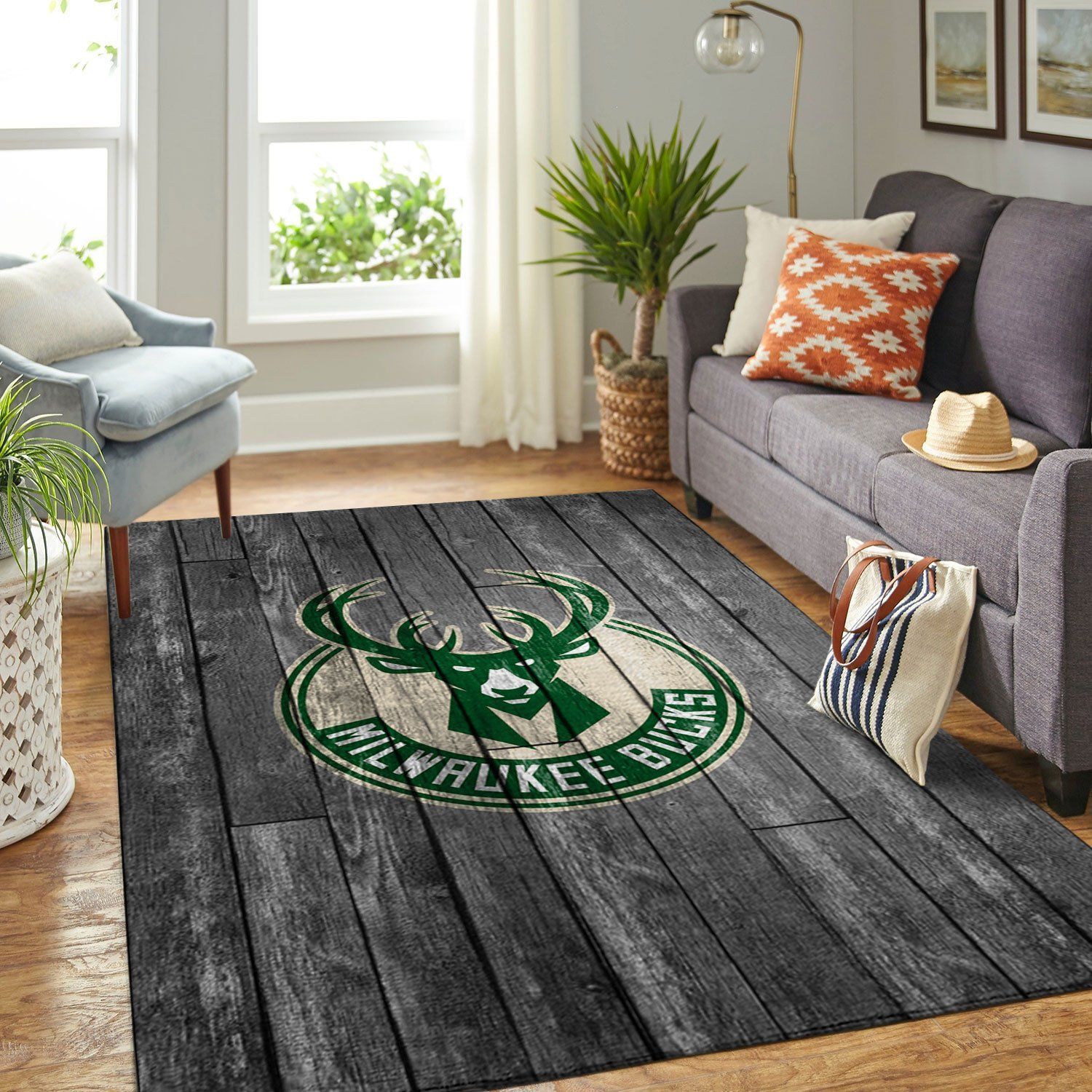 Milwaukee Bucks Nba Team Logo Grey Wooden Style Nice Gift Home Decor Rectangle Area Rug - Indoor Outdoor Rugs