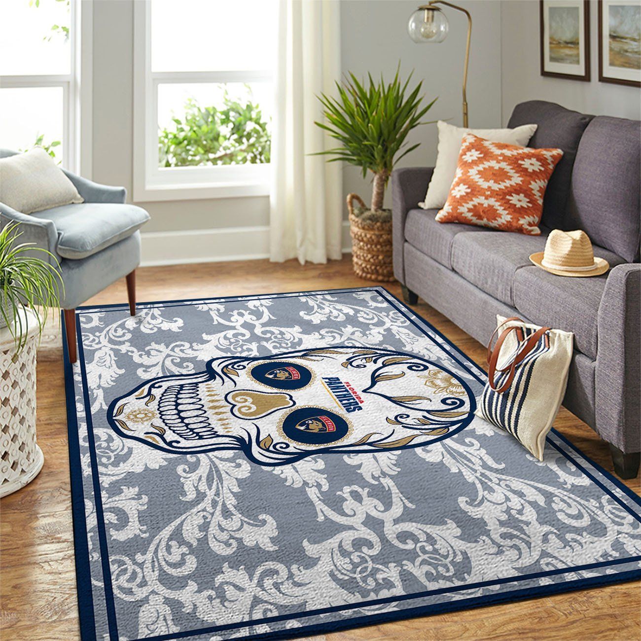 Florida Panthers Nhl Team Logo Skull Flower Style Nice Gift Home Decor Rectangle Area Rug - Indoor Outdoor Rugs