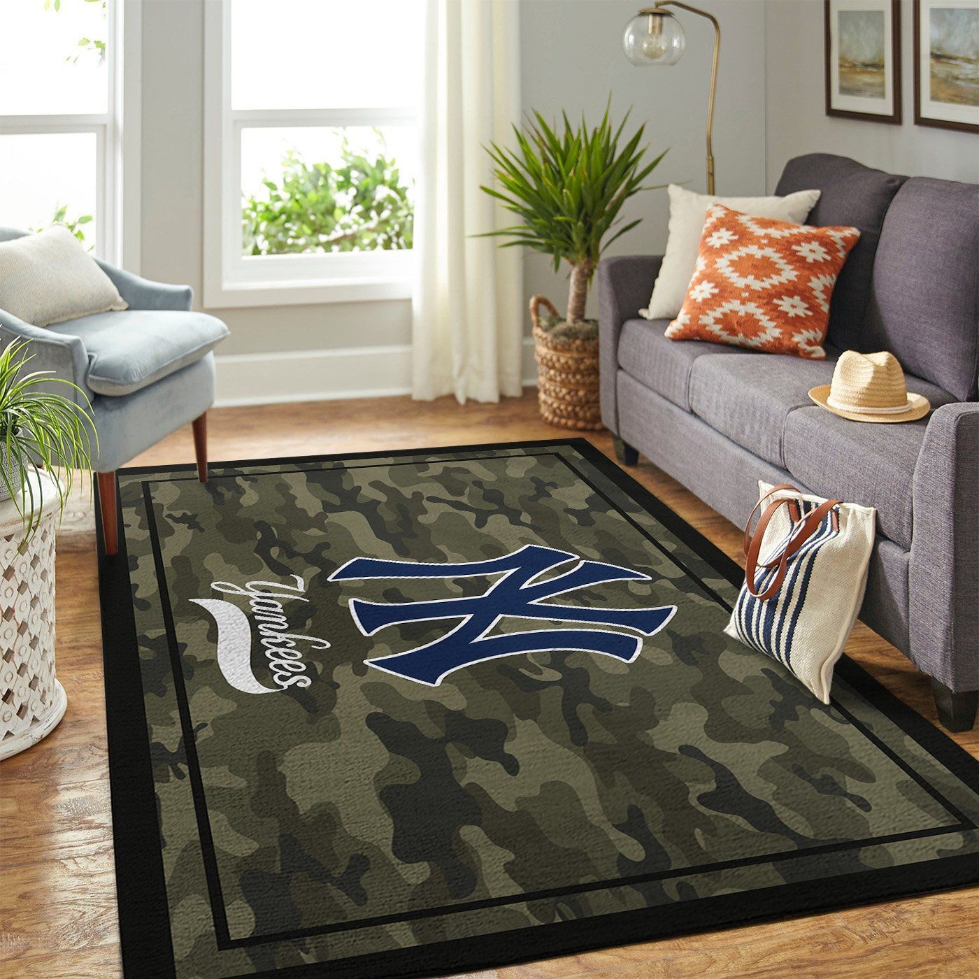 New York Yankees Mlb Team Logo Camo Style Nice Gift Home Decor Rectangle Area Rug - Indoor Outdoor Rugs