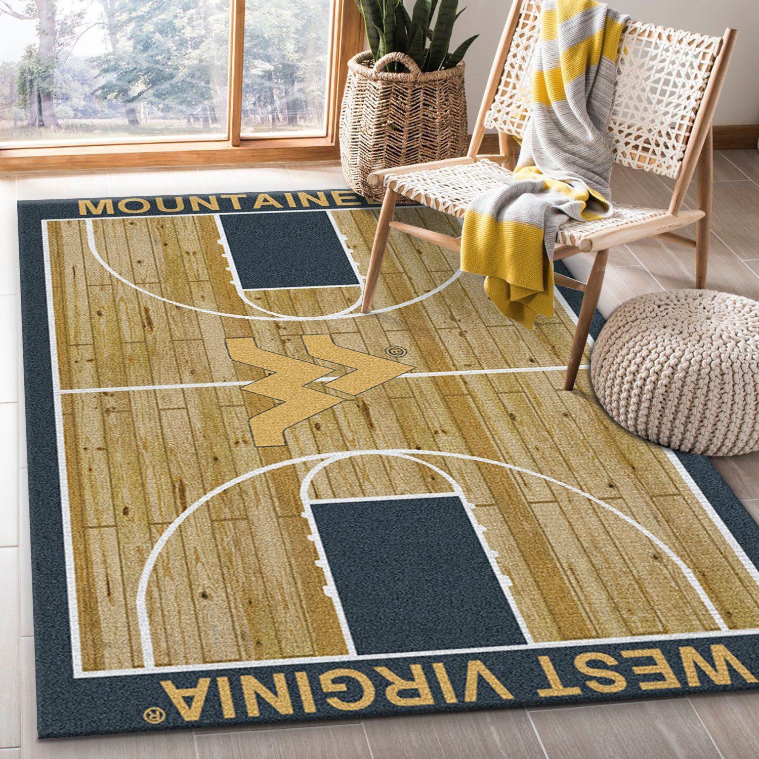 College Home Court West Virginia Basketball Team Logo Area Rug, Living Room Rug, Home Decor Floor Decor - Indoor Outdoor Rugs