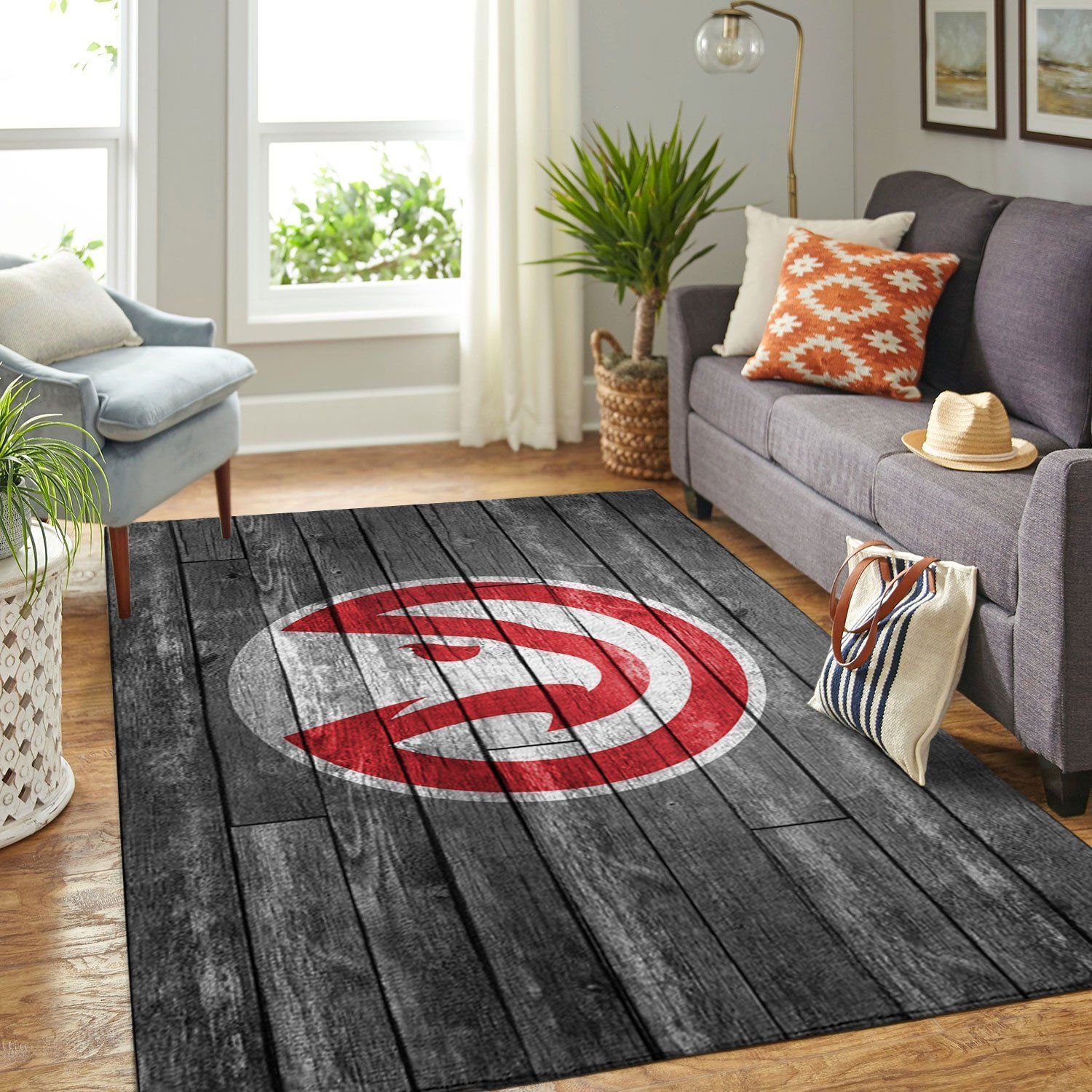 Atlanta Hawks Nba Team Logo Grey Wooden Style Nice Gift Home Decor Rectangle Area Rug - Indoor Outdoor Rugs