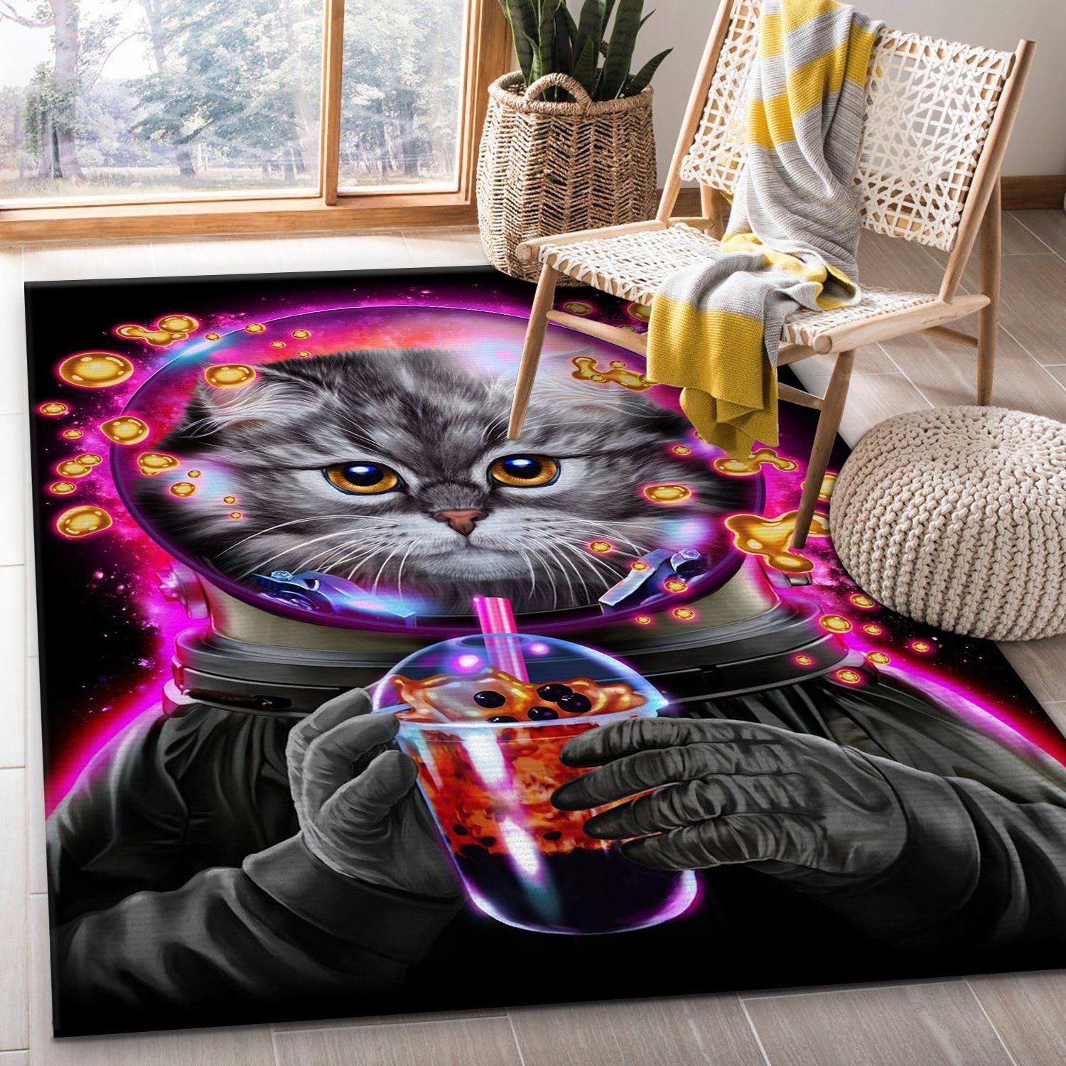 Astronaut Cat Bubble Tea Area Rug For Christmas Living Room Rug Family Gift US Decor - Indoor Outdoor Rugs