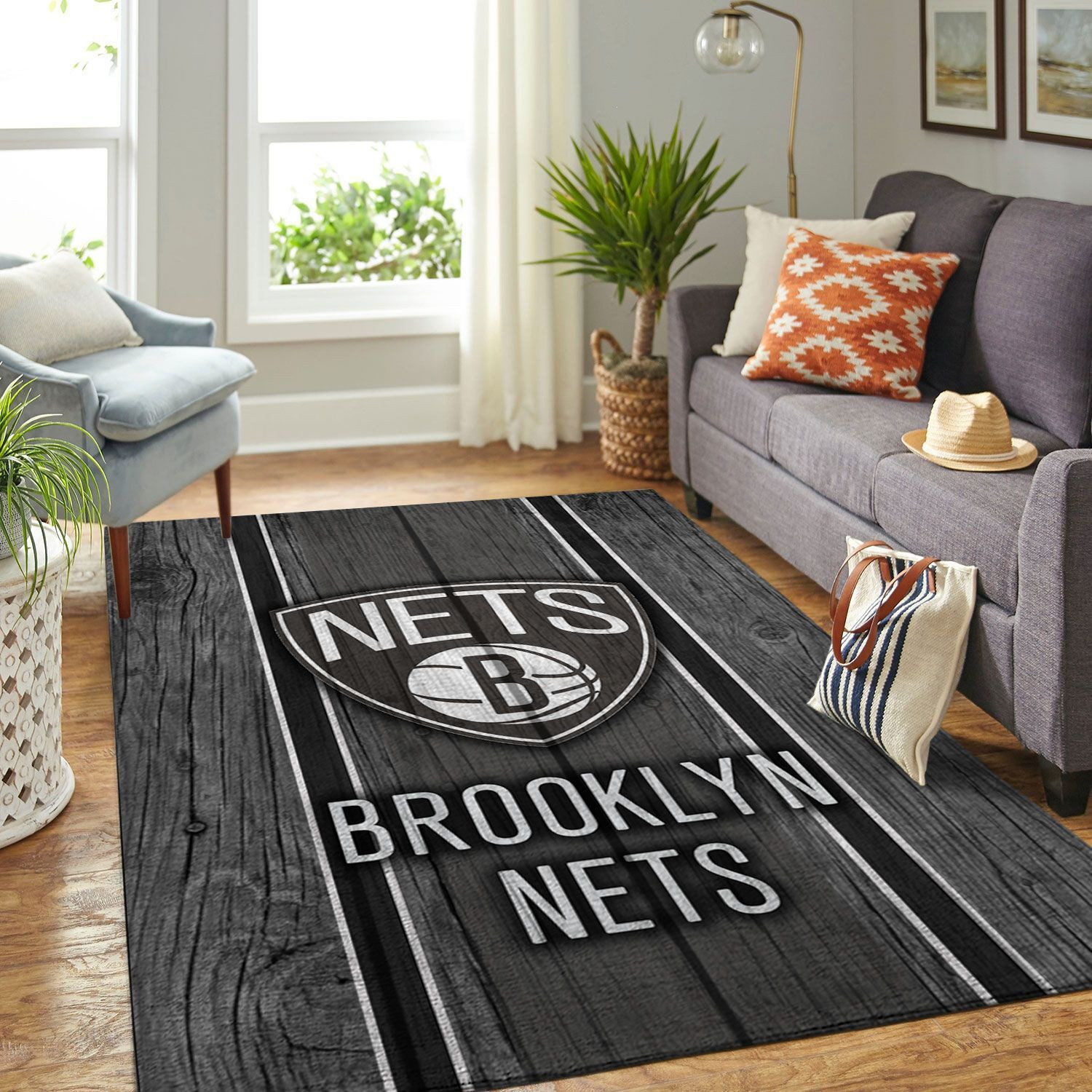 Brooklyn Nets Nba Team Logo Wooden Style Nice Gift Home Decor Rectangle Area Rug - Indoor Outdoor Rugs