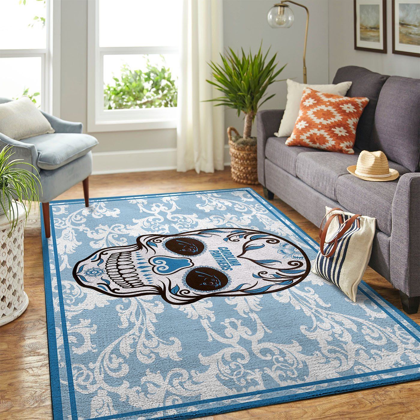 Carolina Panthers Nfl Team Logo Skull Flower Style Nice Gift Home Decor Rectangle Area Rug - Indoor Outdoor Rugs