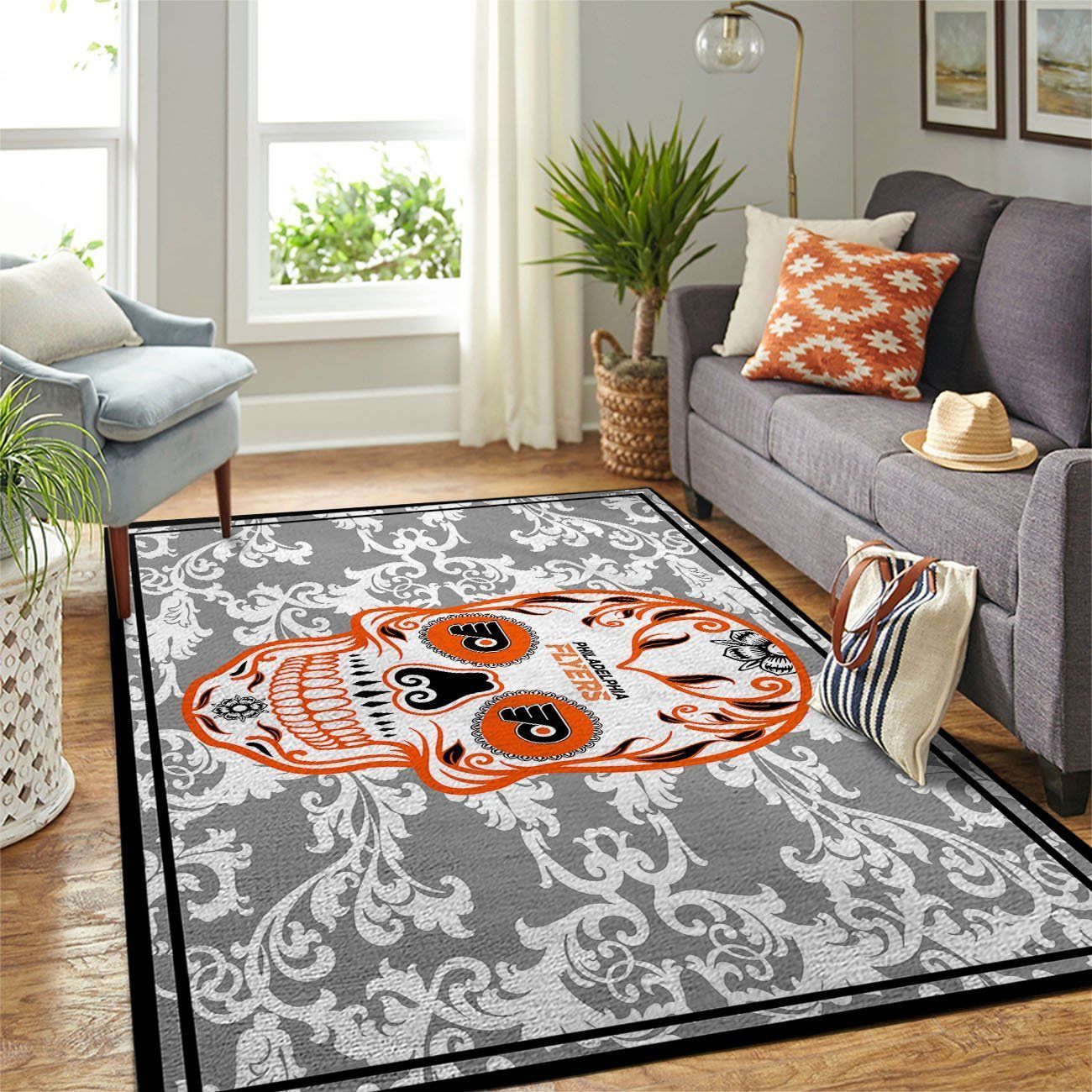 Philadelphia Flyers Nhl Team Logo Skull Flower Style Nice Gift Home Decor Rectangle Area Rug - Indoor Outdoor Rugs