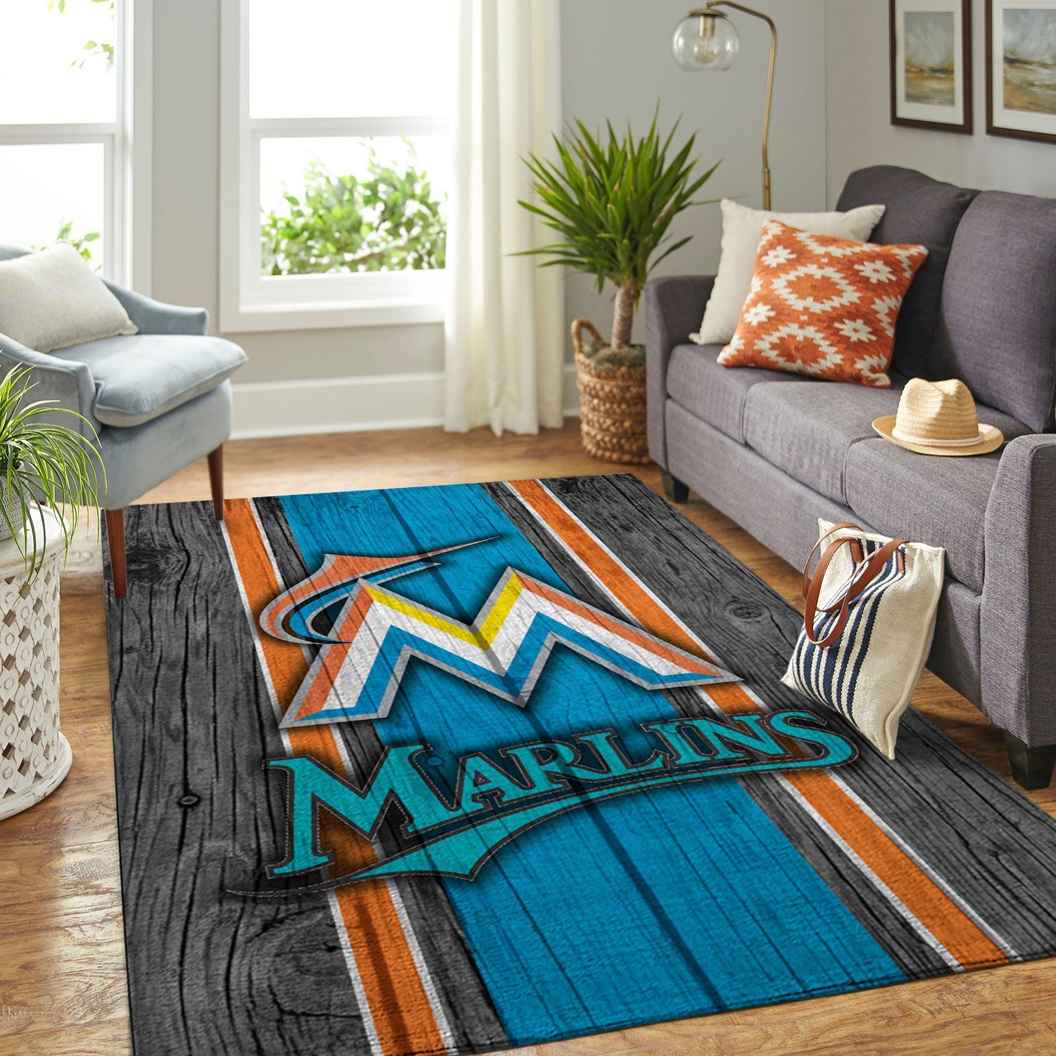 Miami Marlins Mlb Team Logo Wooden Style Style Nice Gift Home Decor Rectangle Area Rug - Indoor Outdoor Rugs