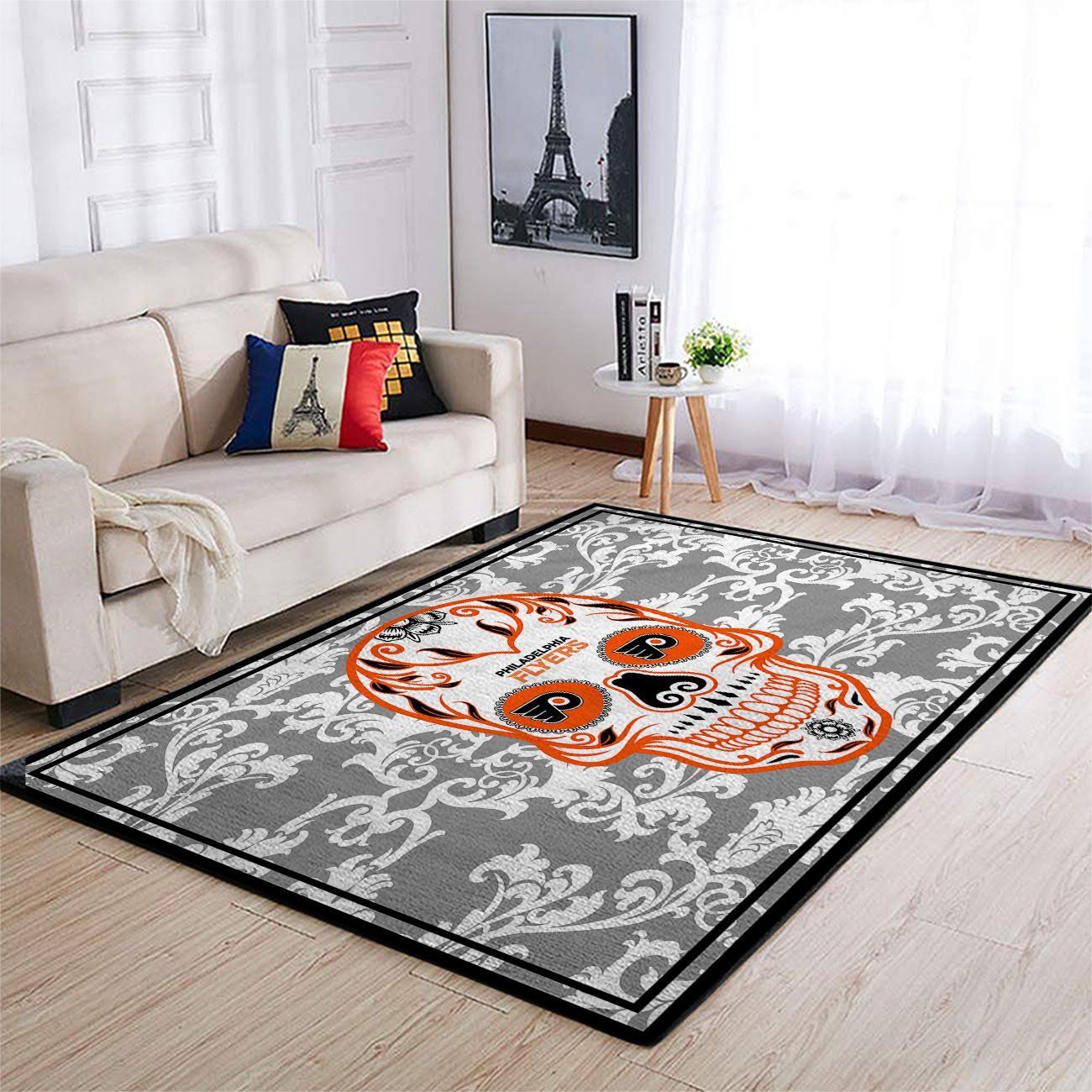 Philadelphia Flyers Nhl Team Logo Skull Flower Style Nice Gift Home Decor Rectangle Area Rug - Indoor Outdoor Rugs