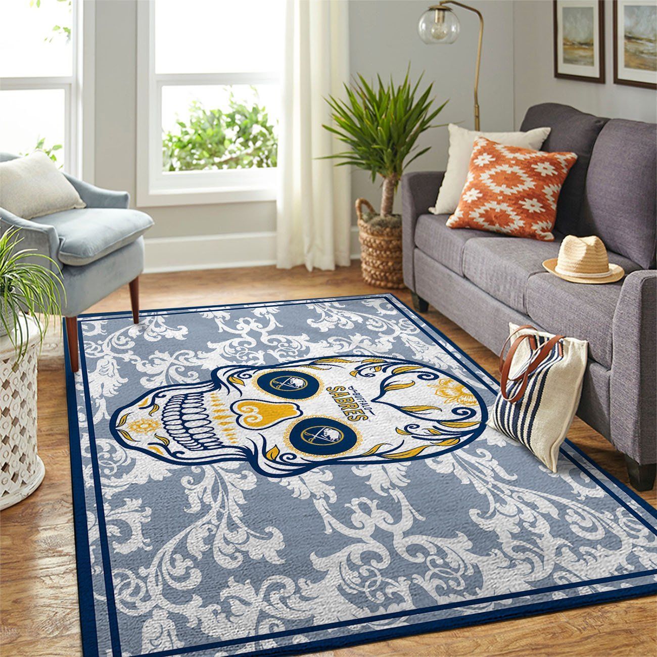 Buffalo Sabres Nhl Team Logo Skull Flower Style Nice Gift Home Decor Rectangle Area Rug - Indoor Outdoor Rugs