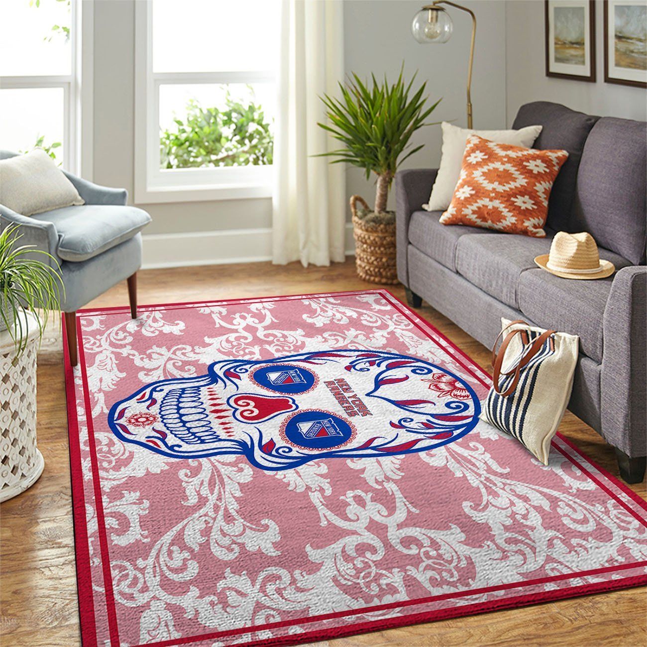 New York Rangers Nhl Team Logo Skull Flower Style Nice Gift Home Decor Rectangle Area Rug - Indoor Outdoor Rugs