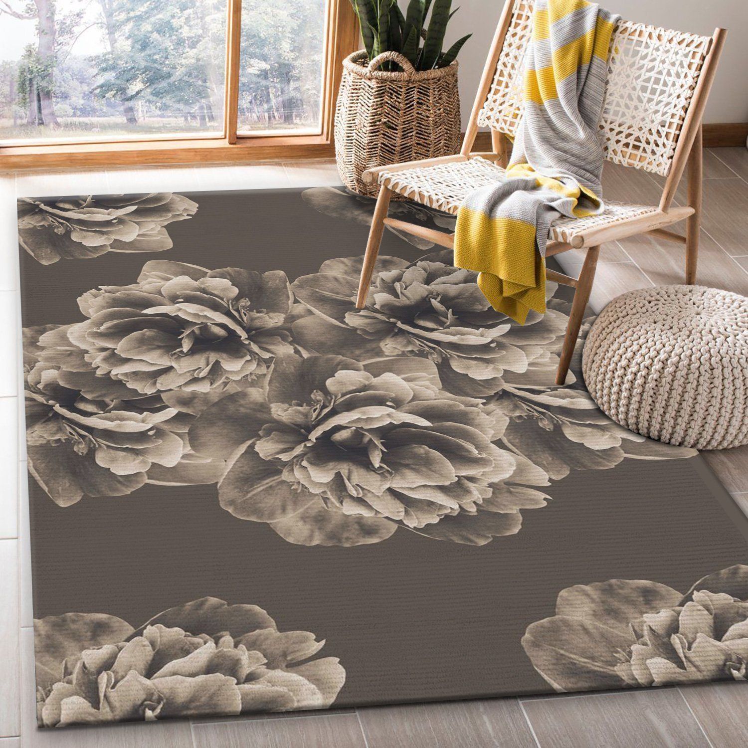 Sepia Peony Flower 1 Area Rug, Gift for fans, Home US Decor - Indoor Outdoor Rugs