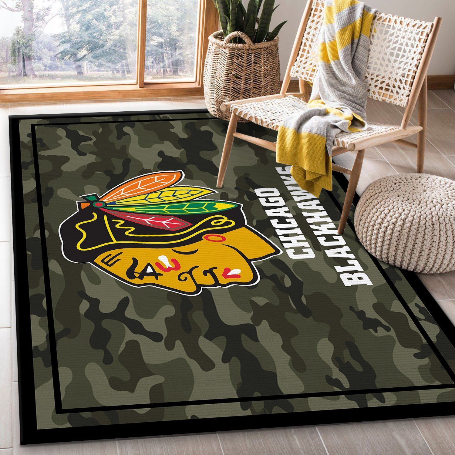 Chicago Blackhawks Nhl Team Logo Camo Style Rug Room Carpet Custom Area Floor Home Decor - Indoor Outdoor Rugs