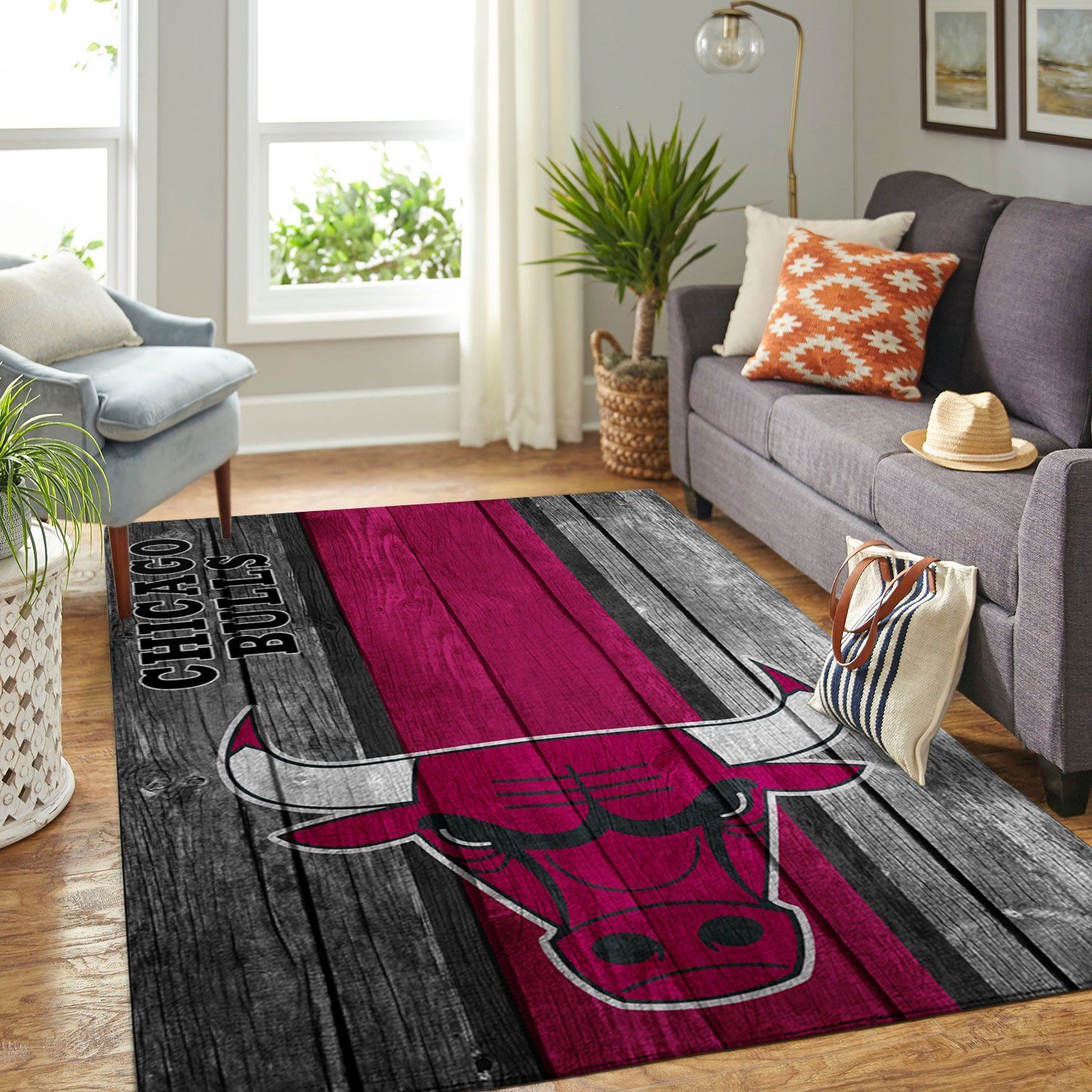 Chicago Bulls Nba Team Logo Wooden Style Nice Gift Home Decor Rectangle Area Rug - Indoor Outdoor Rugs