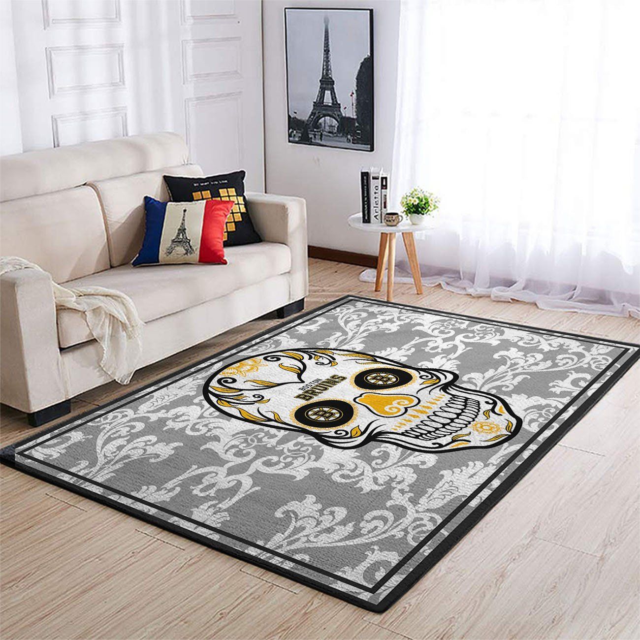 Boston Bruins Nhl Team Logo Skull Flower Style Nice Gift Home Decor Rectangle Area Rug - Indoor Outdoor Rugs