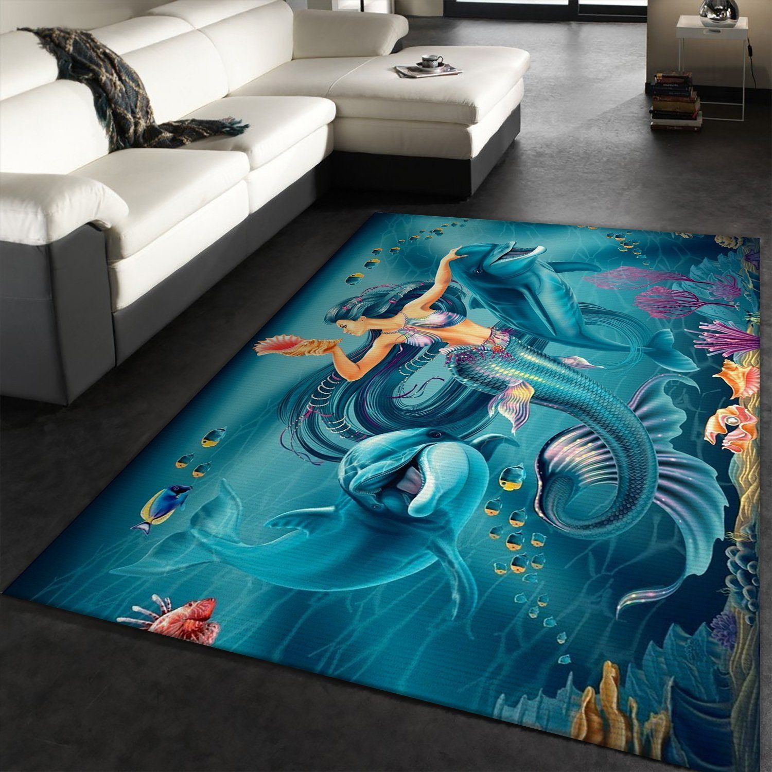 Mermaid Dolphin Rug Rectangular Indoor Outdoor Area Carpet - Indoor Outdoor Rugs