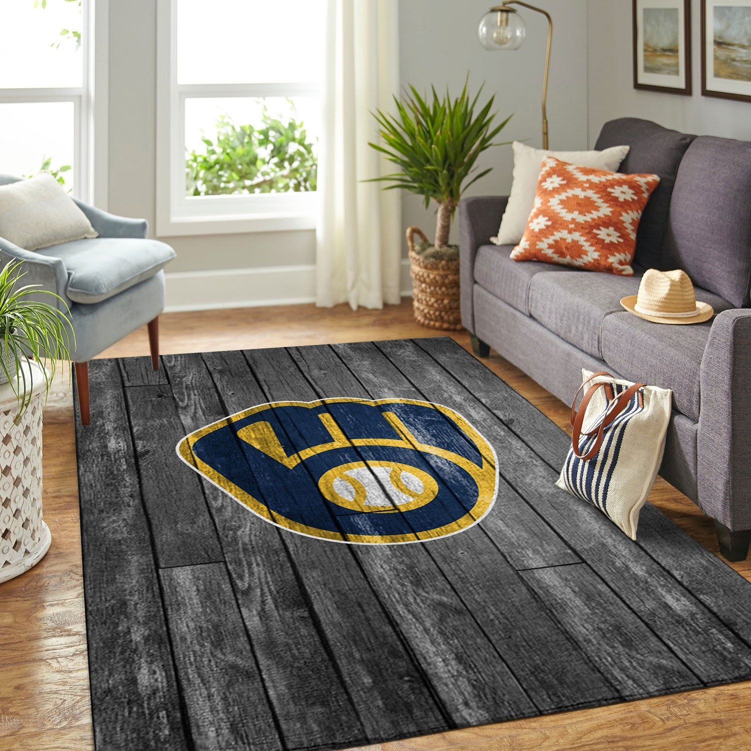 Milwaukee Brewers Mlb Team Logo Grey Wooden Style Style Nice Gift Home Decor Rectangle Area Rug - Indoor Outdoor Rugs