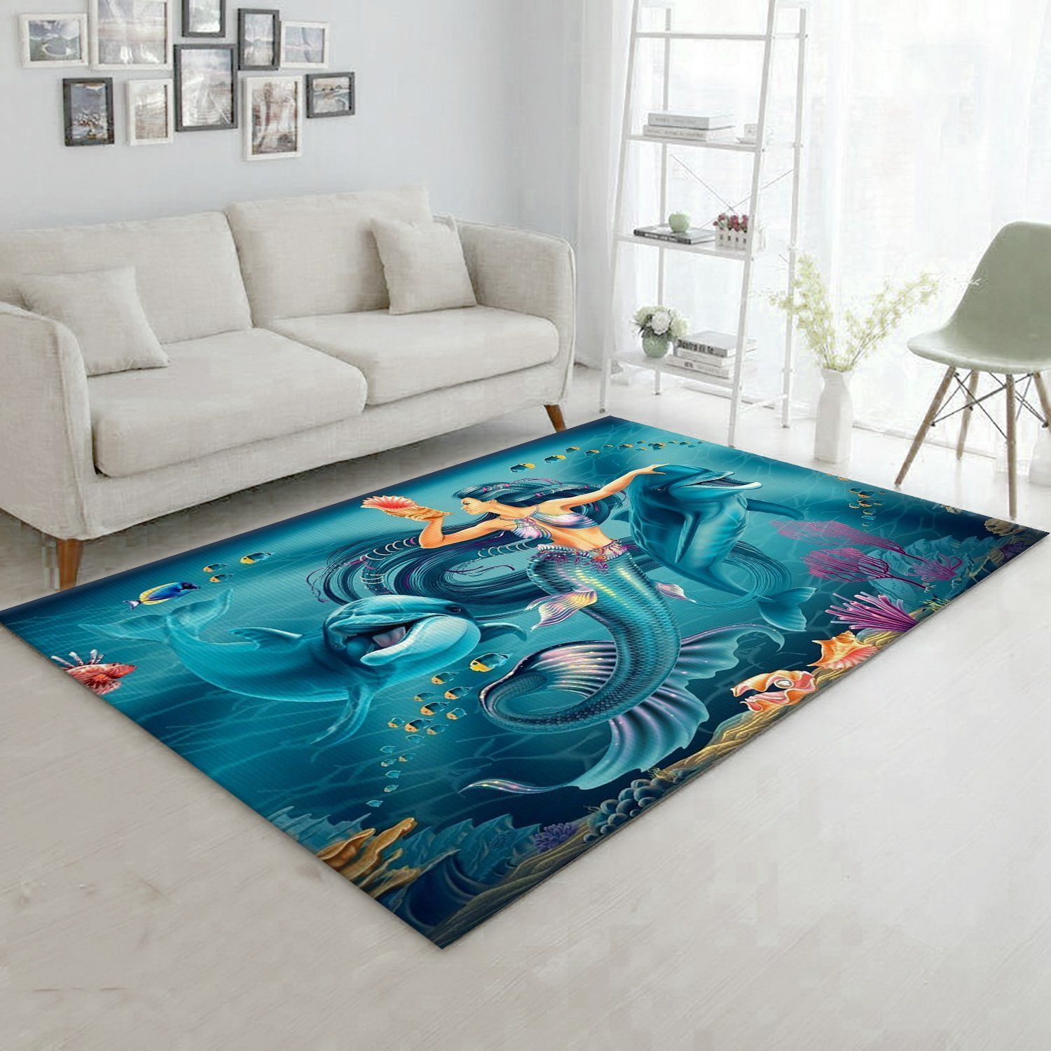 Mermaid Dolphin Rug Rectangular Indoor Outdoor Area Carpet - Indoor Outdoor Rugs