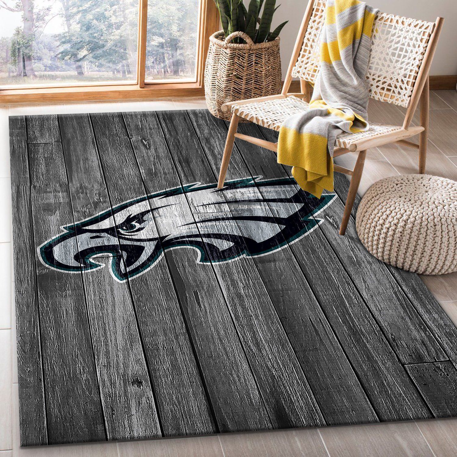 Philadelphia Eagles NFL Team Logo Grey Wooden Style Style Nice Gift Home Decor Rectangle Area Rug - Indoor Outdoor Rugs