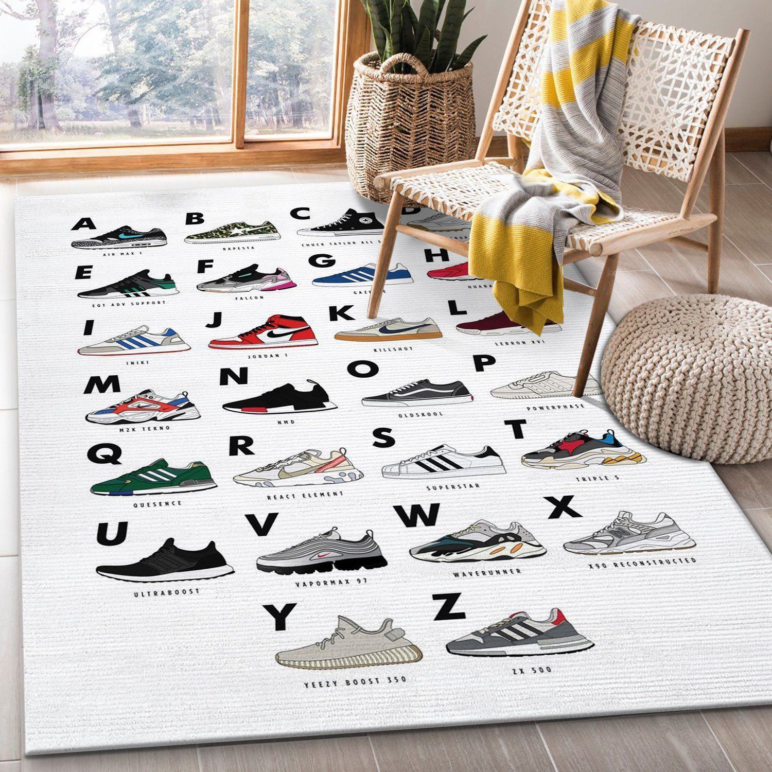 Sneakers Alphabet White Area Rug For Christmas Bedroom Rug Home US Decor - Indoor Outdoor Rugs