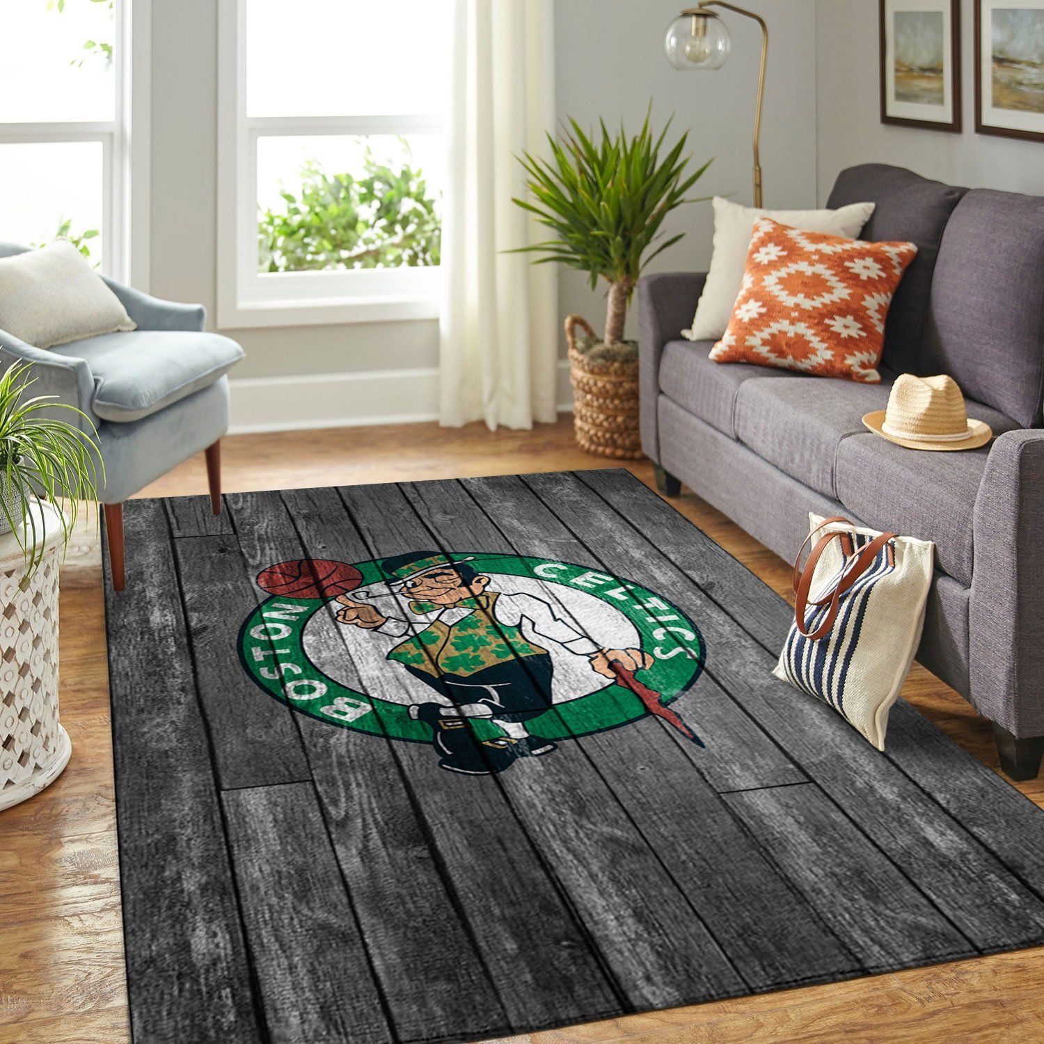 Boston Celtics Nba Team Logo Grey Wooden Style Nice Gift Home Decor Rectangle Area Rug - Indoor Outdoor Rugs