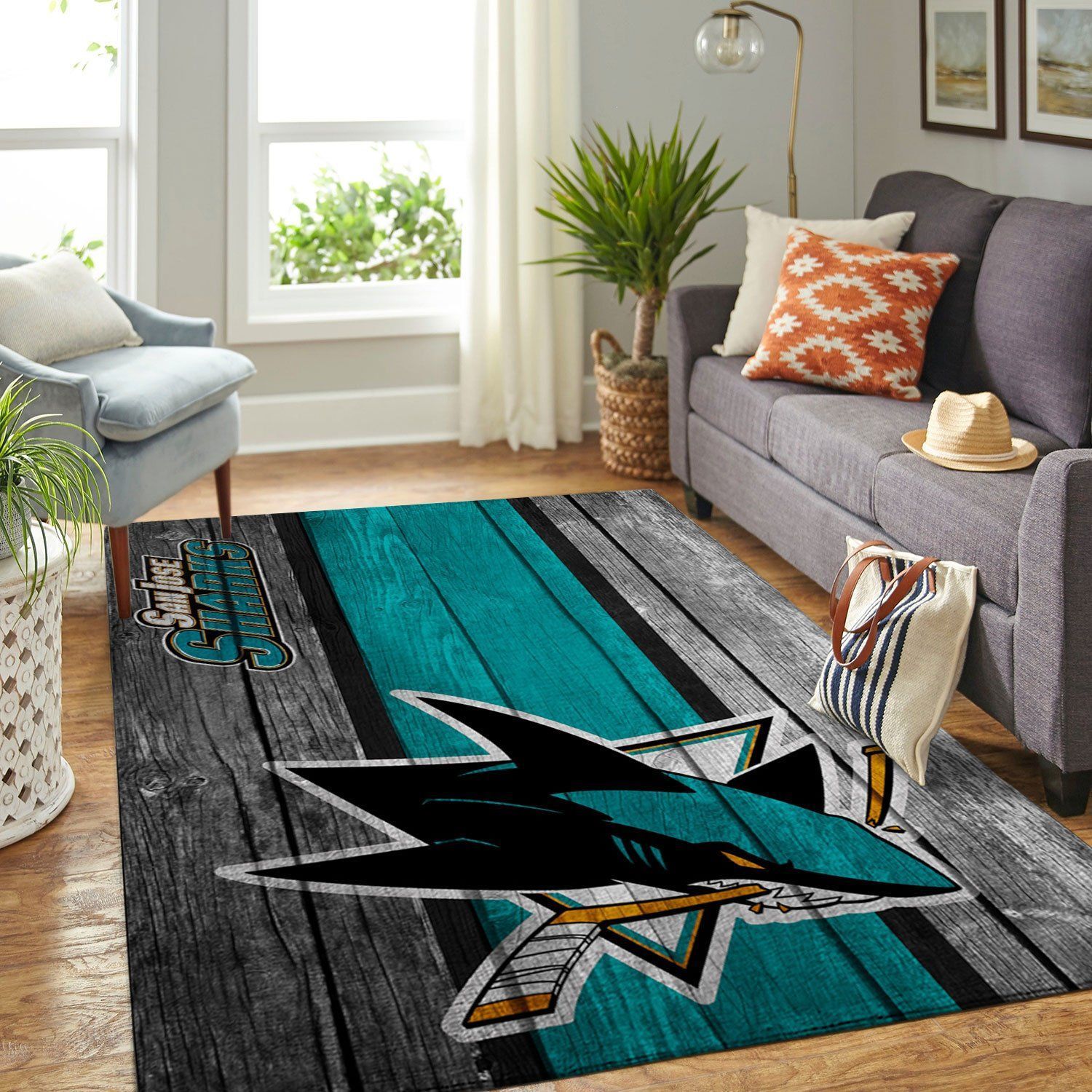 San Jose Sharks Nhl Team Logo Wooden Style Nice Gift Home Decor Rectangle Area Rug - Indoor Outdoor Rugs