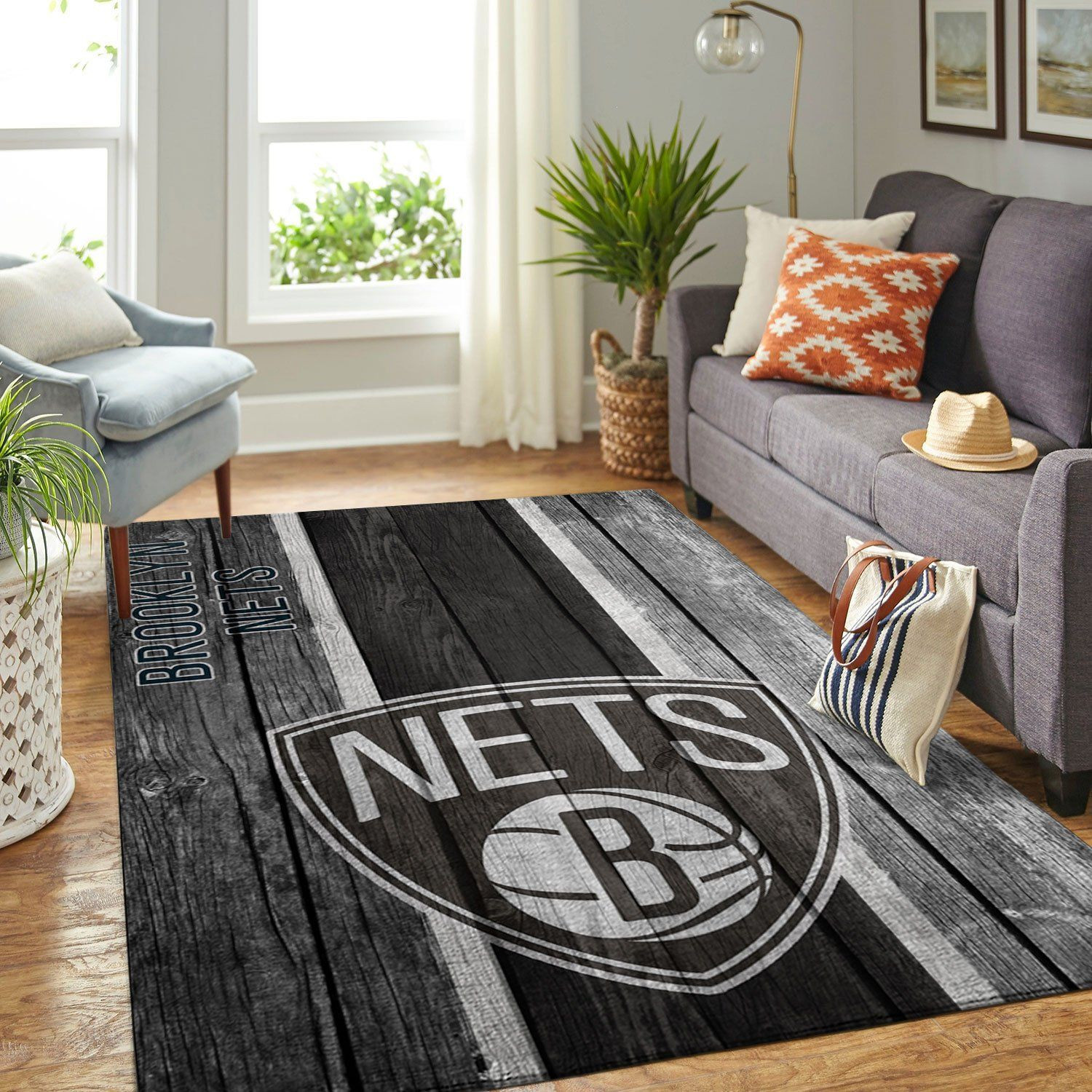 Brooklyn Nets Nba Team Logo Wooden Style Nice Gift Home Decor Rectangle Area Rug - Indoor Outdoor Rugs