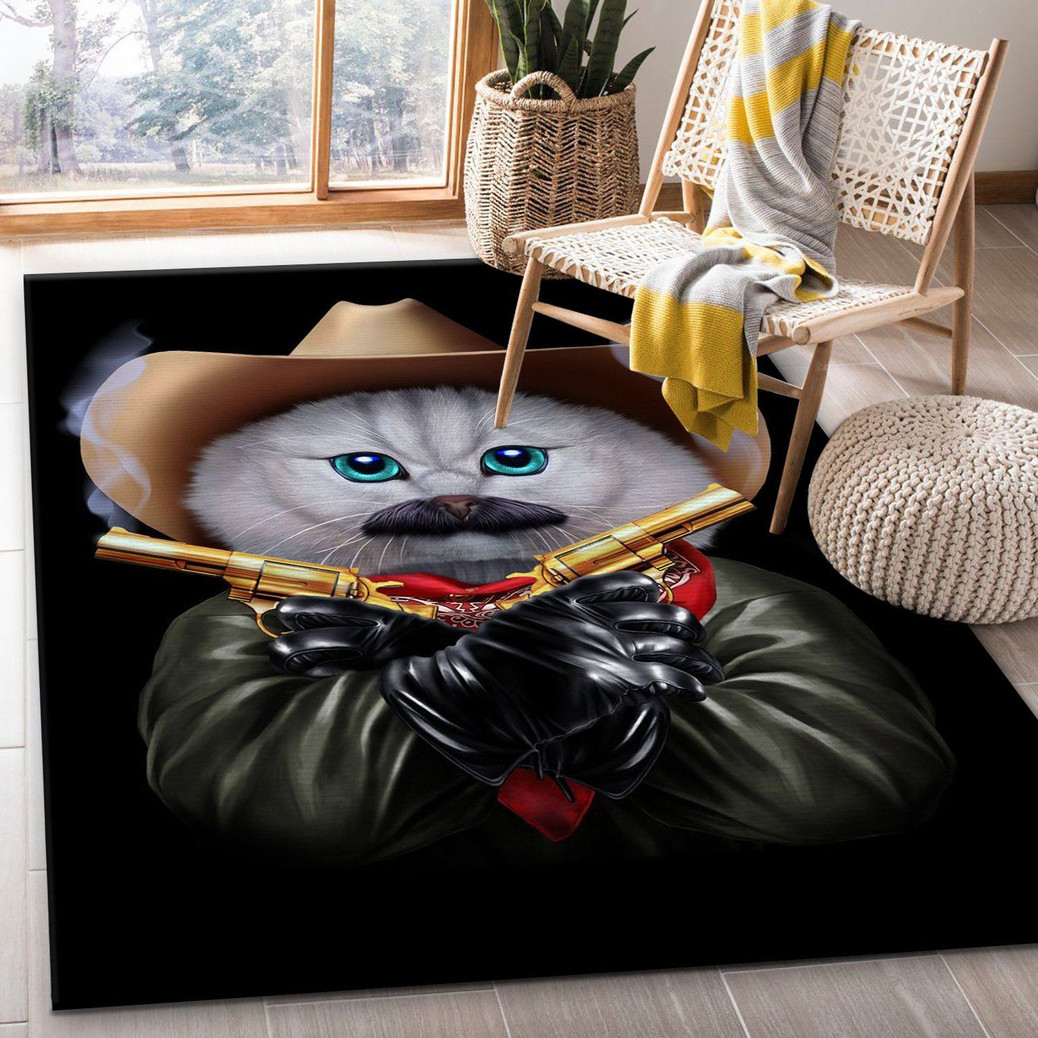 Cowboy Cat With Mustache Area Rug Living Room Rug Family Gift US Decor - Indoor Outdoor Rugs