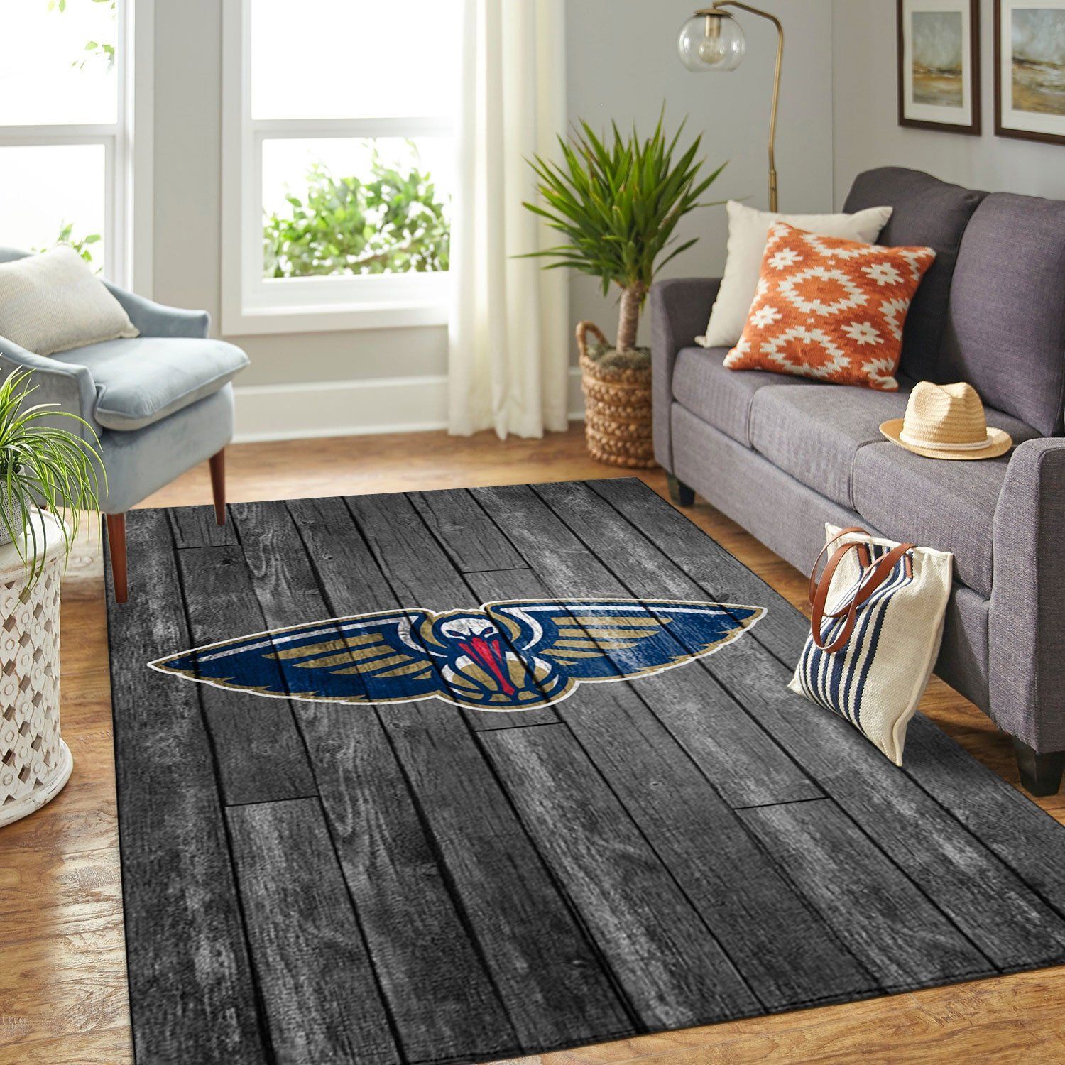 New Orleans Pelicans Nba Team Logo Grey Wooden Style Nice Gift Home Decor Rectangle Area Rug - Indoor Outdoor Rugs