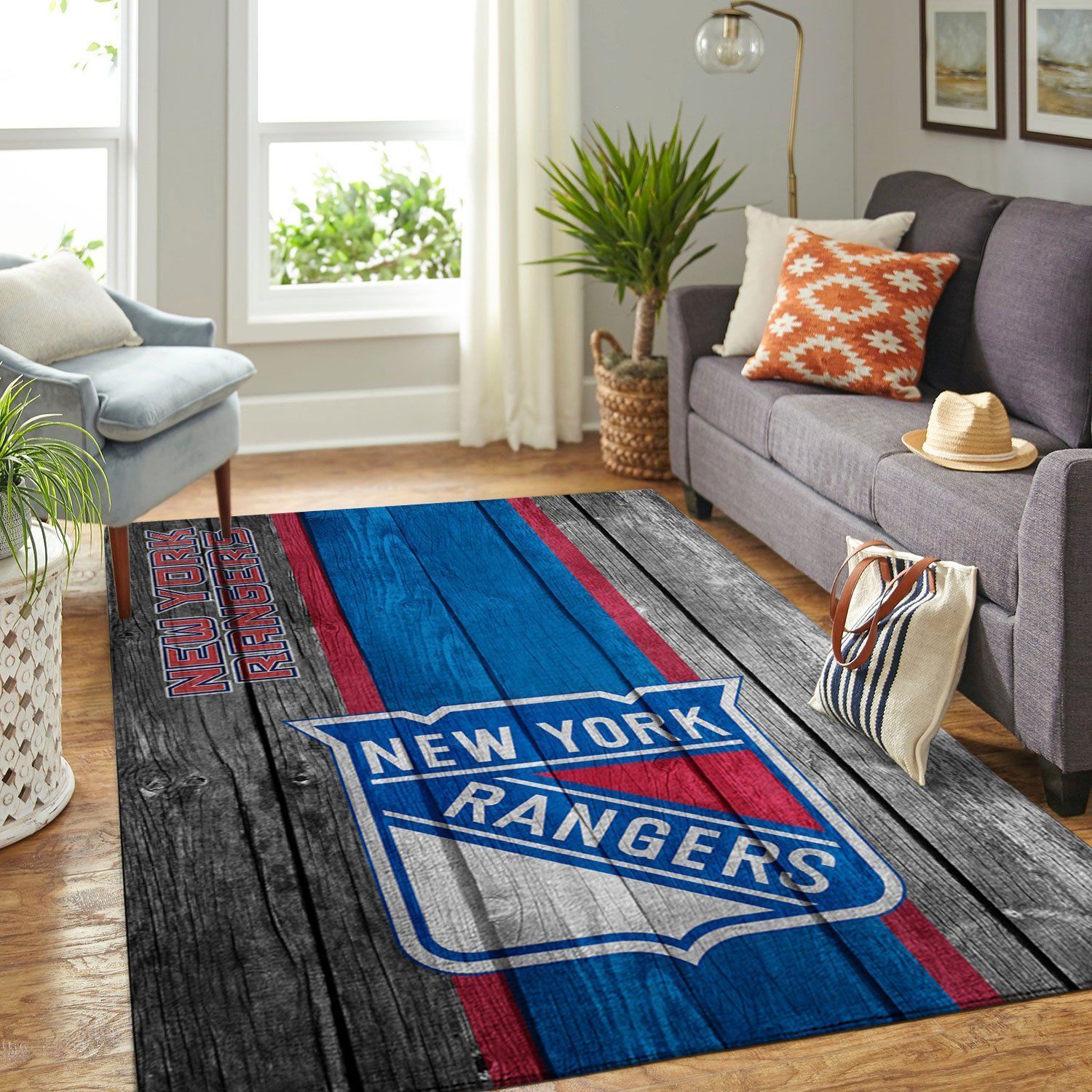 New York Rangers Nhl Team Logo Wooden Style Nice Gift Home Decor Rectangle Area Rug - Indoor Outdoor Rugs