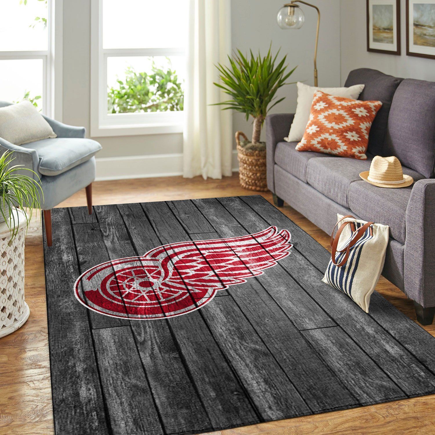 Detroit Red Wings Team Logo Grey Wooden Style Nice Gift Home Decor Rectangle Area Rug - Indoor Outdoor Rugs