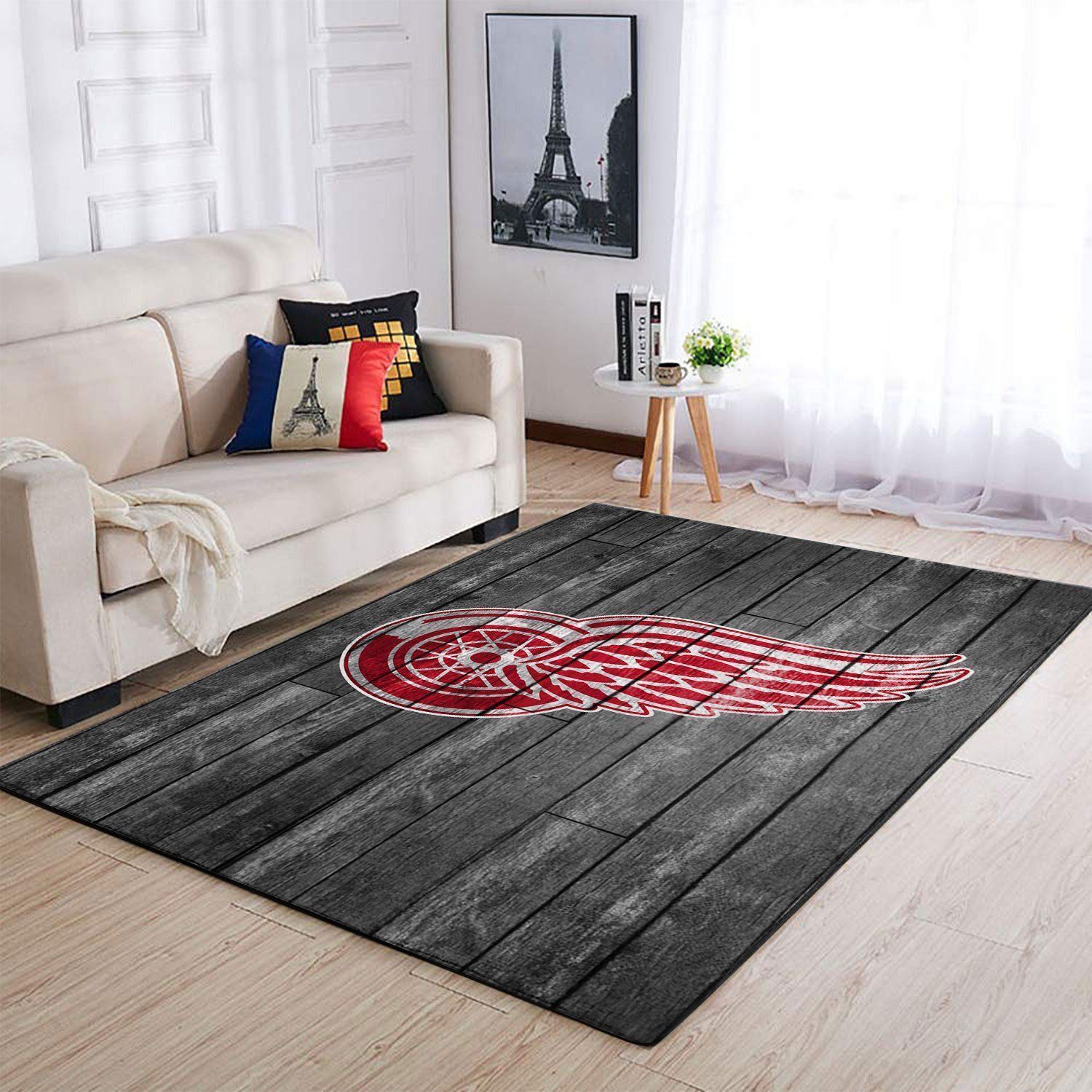 Detroit Red Wings Team Logo Grey Wooden Style Nice Gift Home Decor Rectangle Area Rug - Indoor Outdoor Rugs