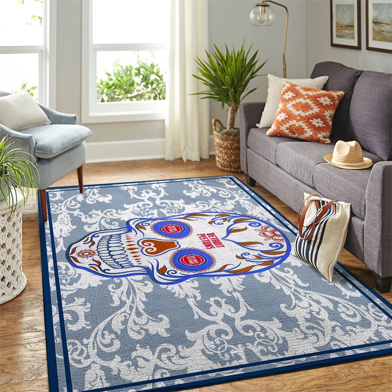 Detroit Pistons Nba Team Logo Skull Flower Style Nice Gift Home Decor Rectangle Area Rug - Indoor Outdoor Rugs