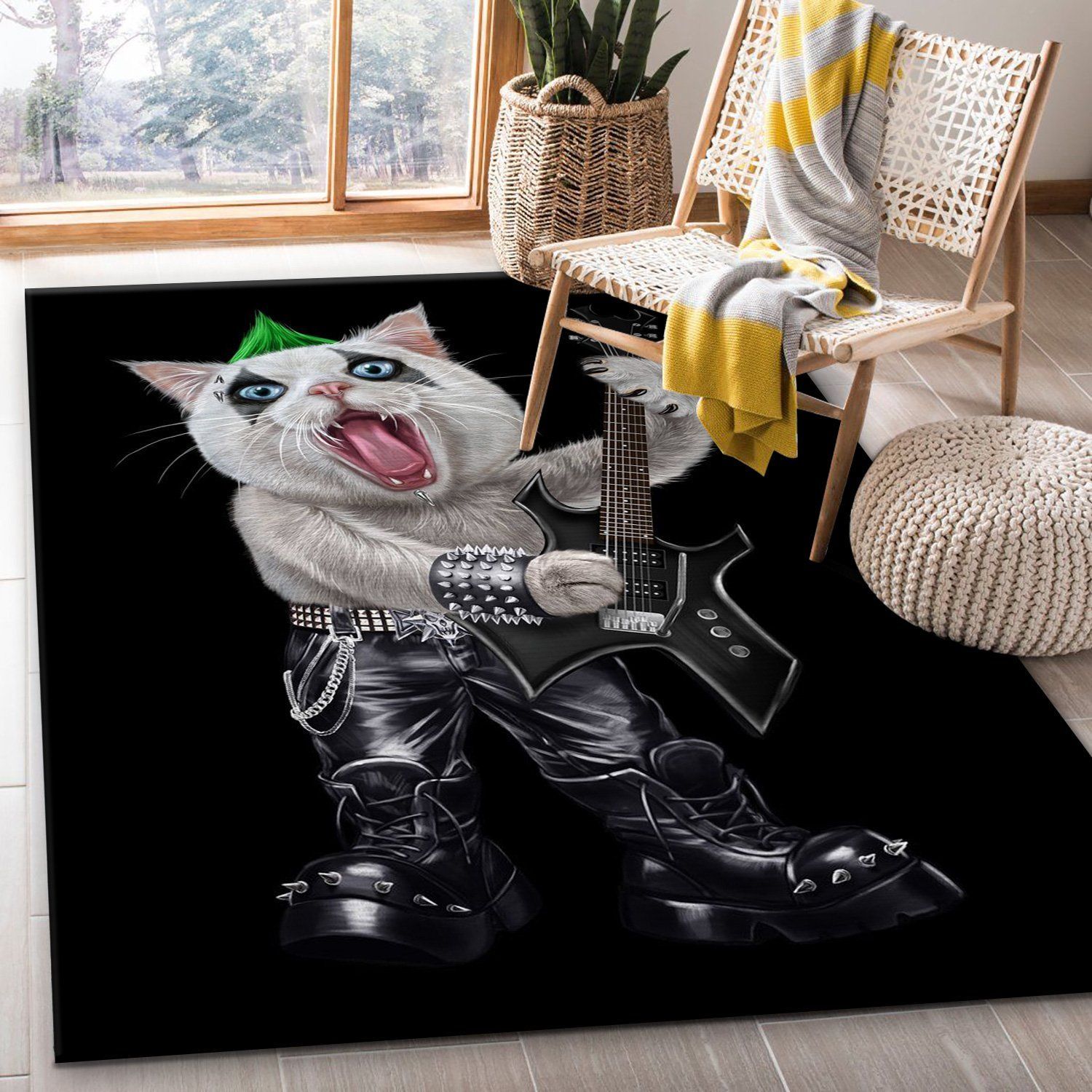 Punk Rock Guitarist Cat Area Rug Bedroom Family Gift US Decor - Indoor Outdoor Rugs