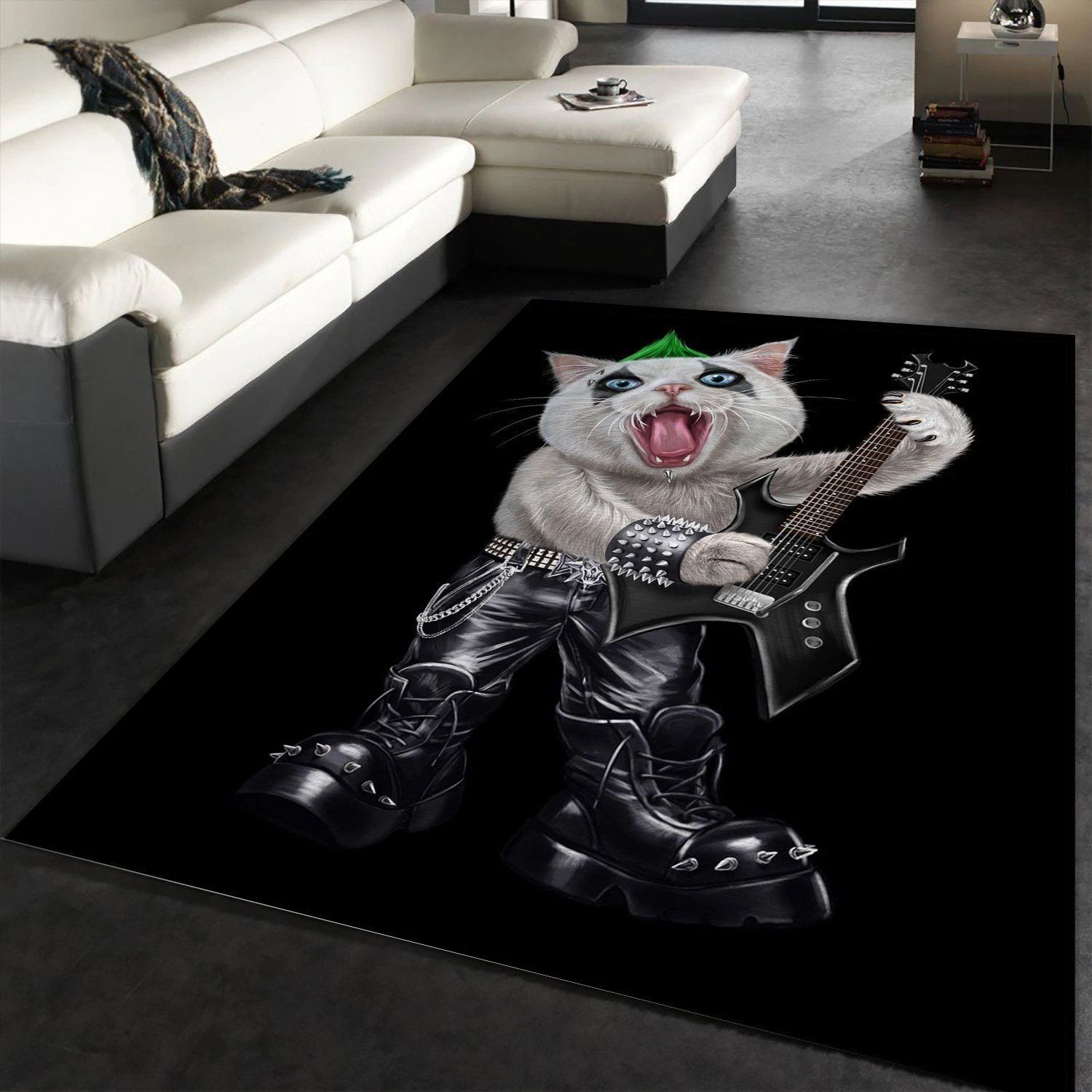 Punk Rock Guitarist Cat Area Rug Bedroom Family Gift US Decor - Indoor Outdoor Rugs