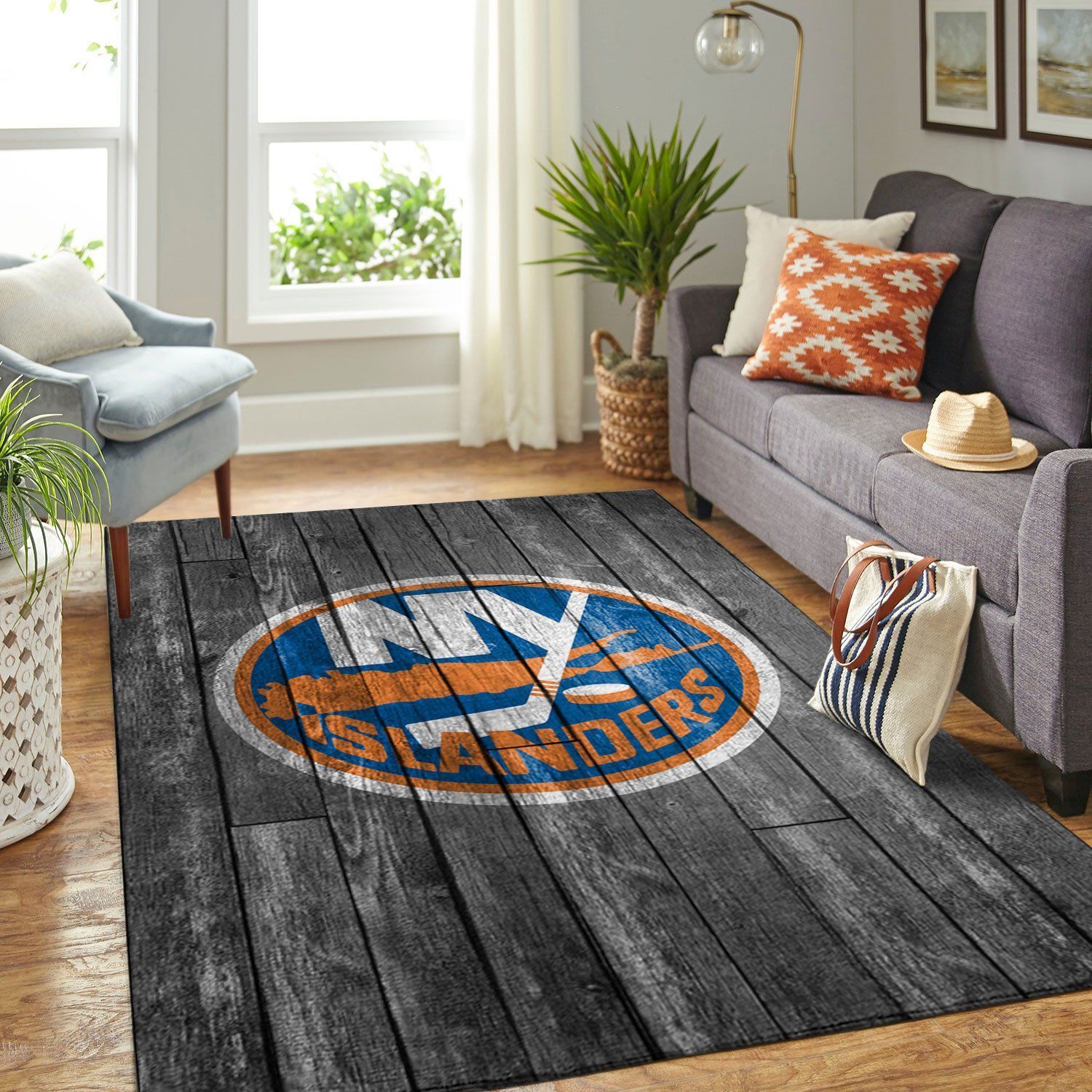 New York Islanders Nhl Team Logo Grey Wooden Style Nice Gift Home Decor Rectangle Area Rug - Indoor Outdoor Rugs