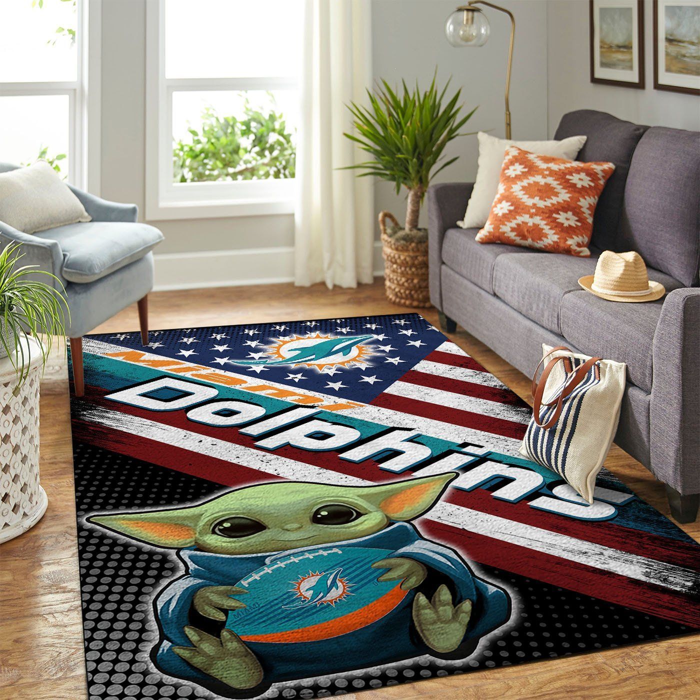 Miami Dolphins Nfl Team Logo Baby Yoda Us Style Nice Gift Home Decor Rectangle Area Rug - Indoor Outdoor Rugs