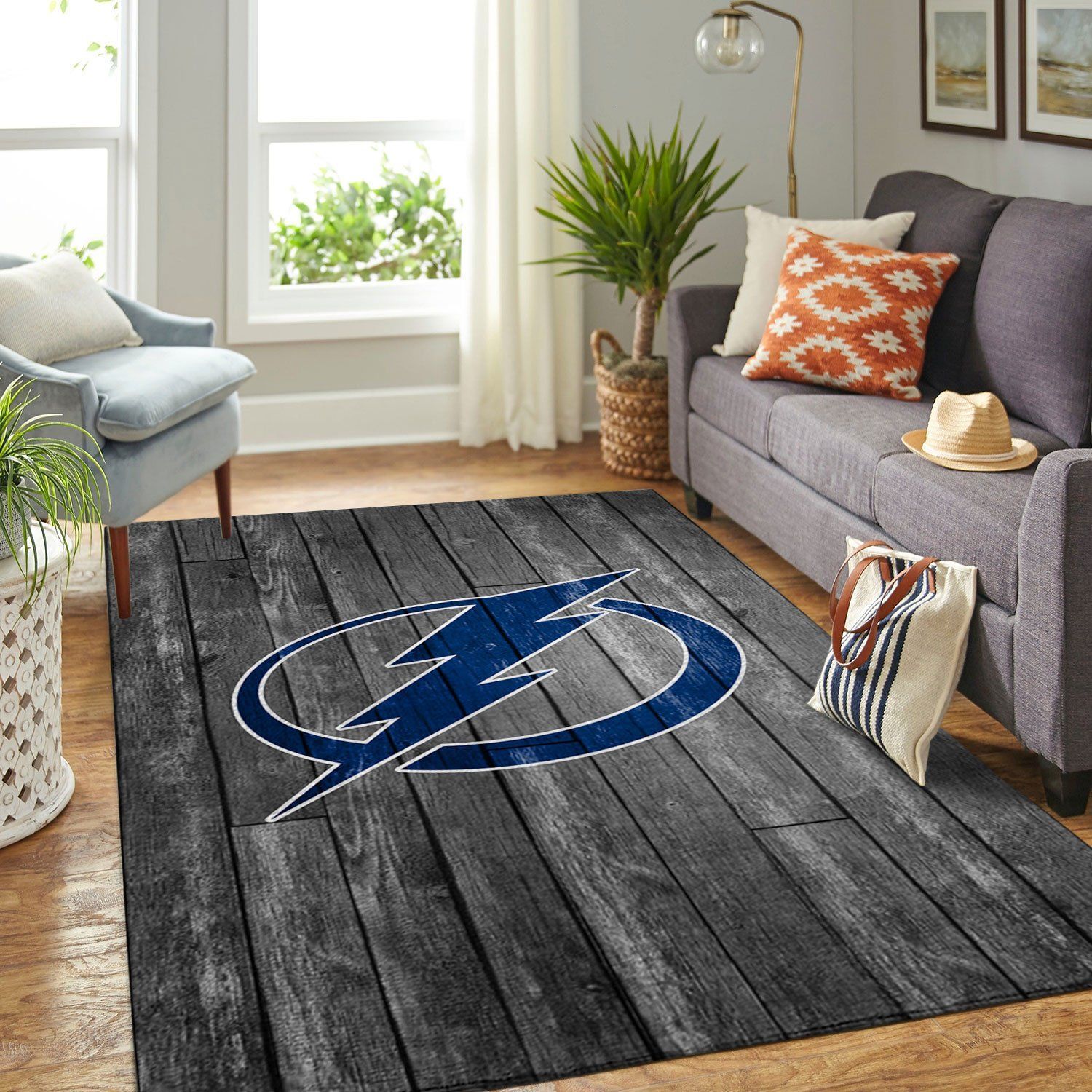 Tampa Bay Lightning Nhl Team Logo Grey Wooden Style Nice Gift Home Decor Rectangle Area Rug - Indoor Outdoor Rugs