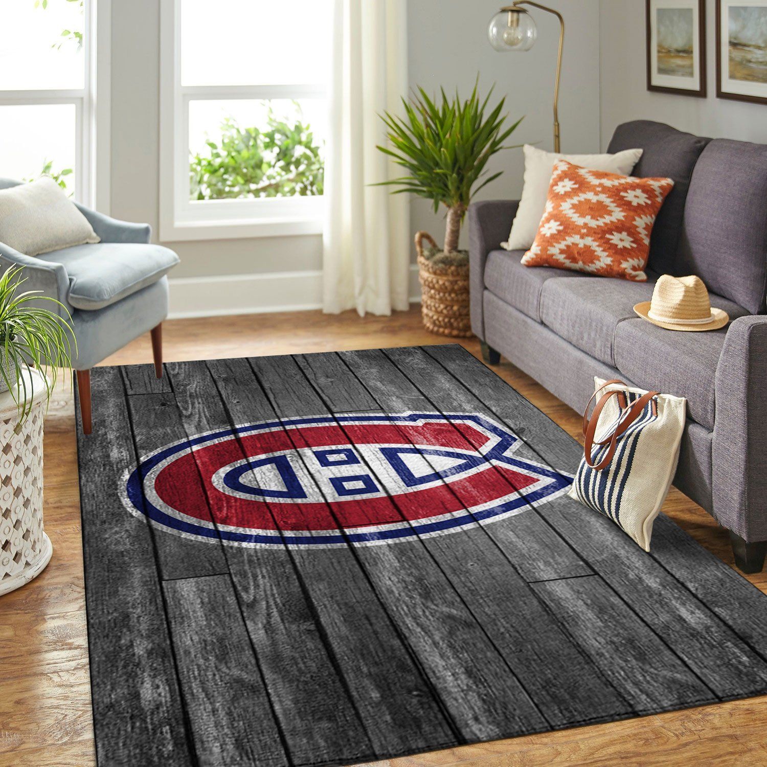 Montr Al Canadiens Nhl Team Logo Grey Wooden Style Nice Gift Home Decor Rectangle Area Rug - Indoor Outdoor Rugs