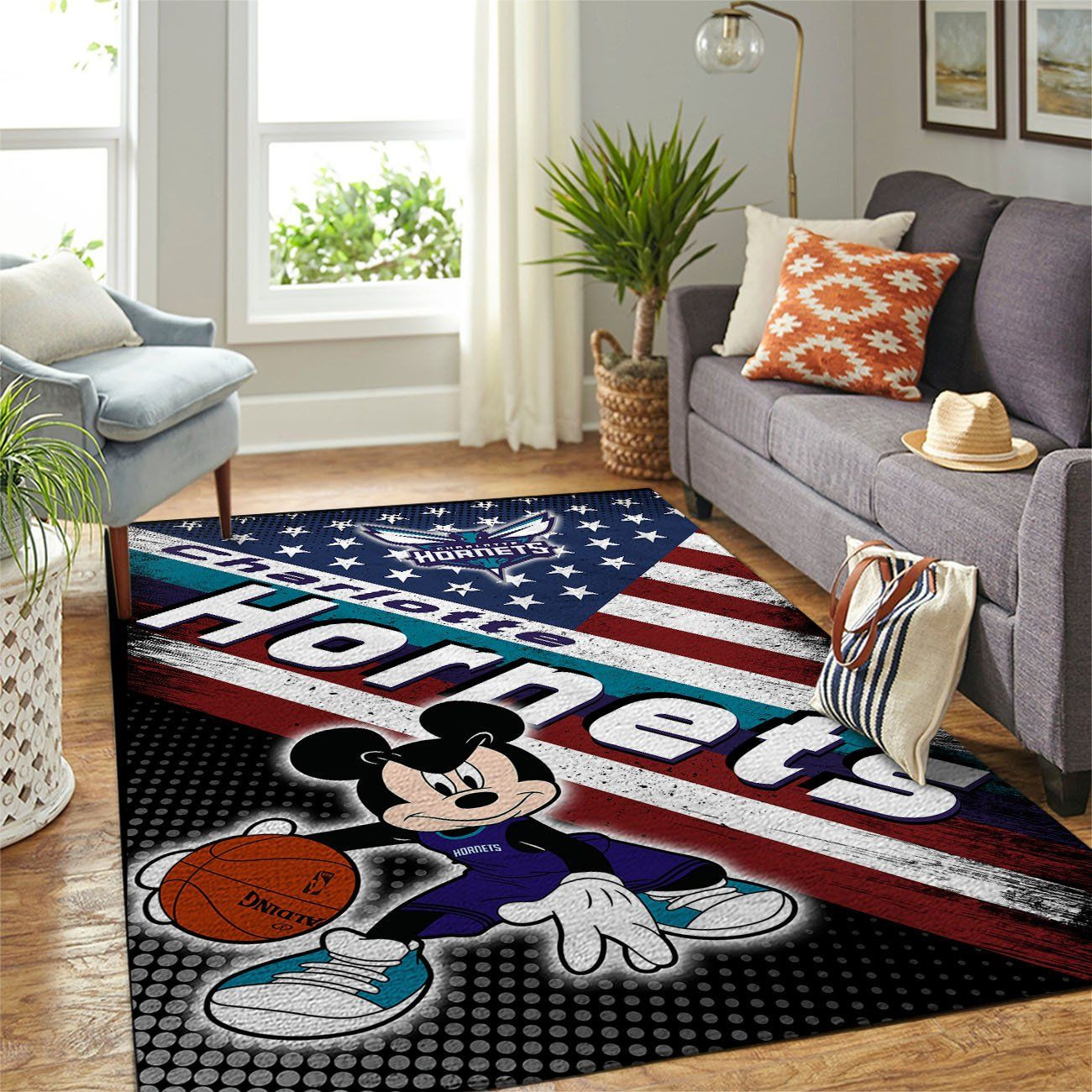 Charlotte Hornets Nba Team Logo Mickey Us Style Nice Gift Home Decor Rectangle Area Rug - Indoor Outdoor Rugs