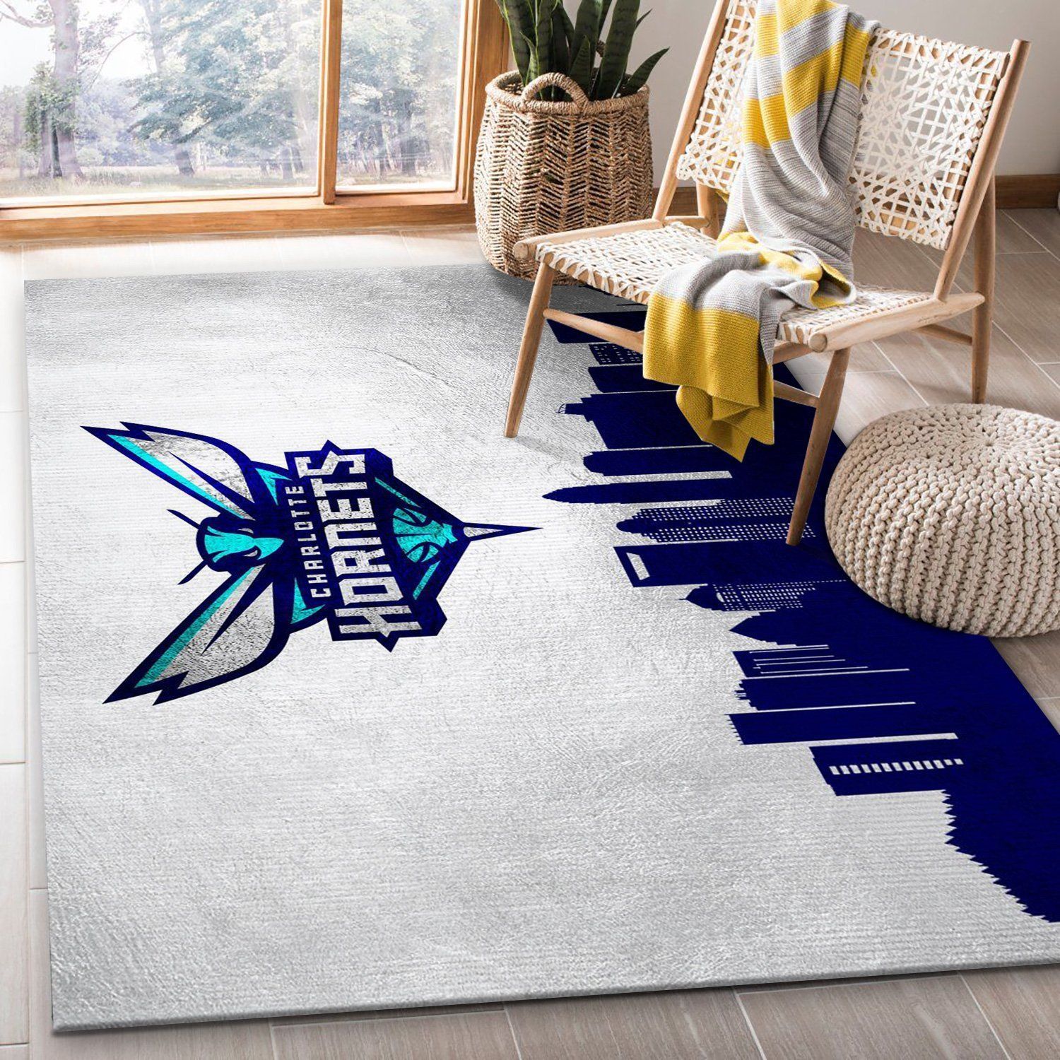 Charlotte Hornets Skyline Area Rug Carpet, Bedroom, Family Gift US Decor - Indoor Outdoor Rugs