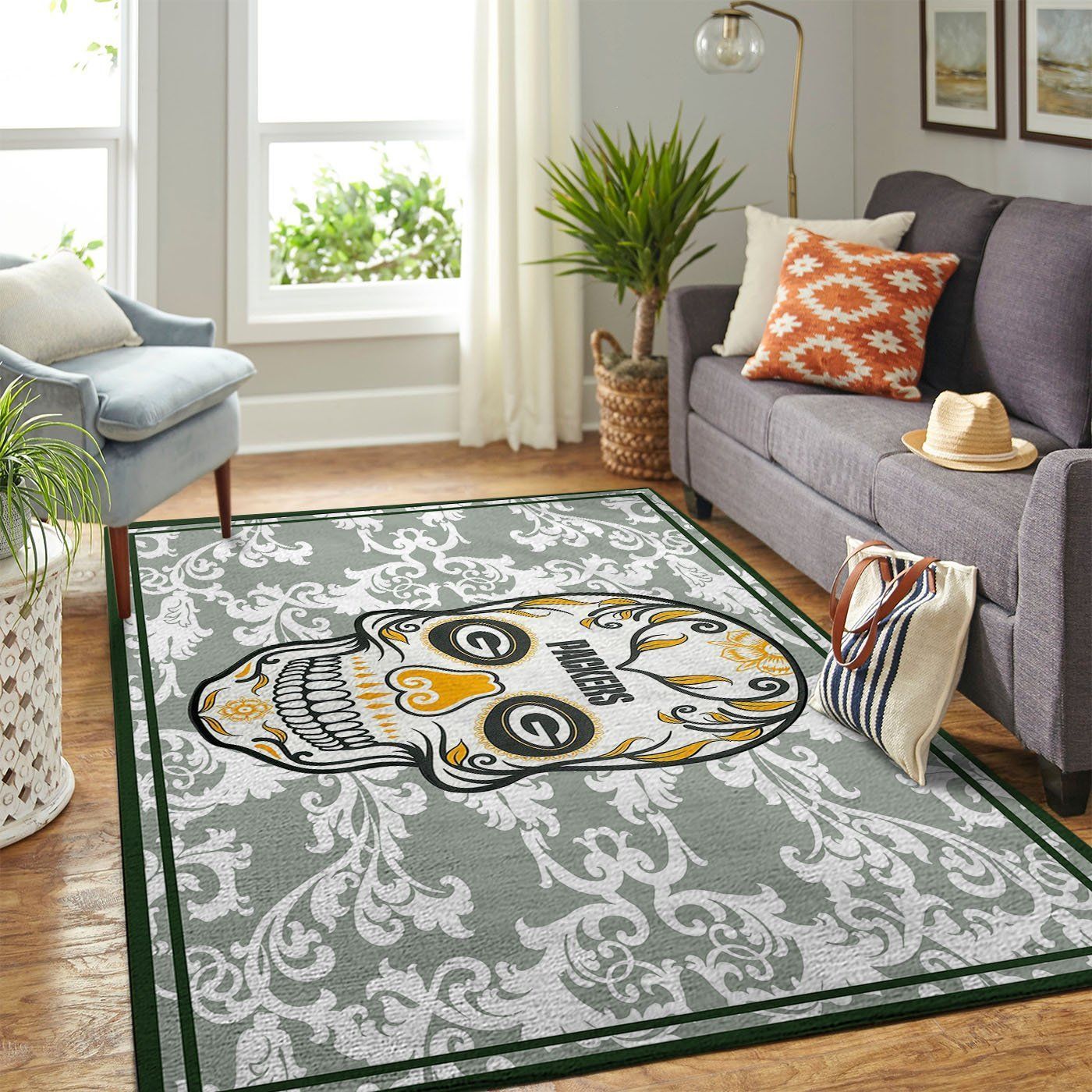 Green Bay Packers Nfl Team Logo Skull Flower Style Nice Gift Home Decor Rectangle Area Rug - Indoor Outdoor Rugs