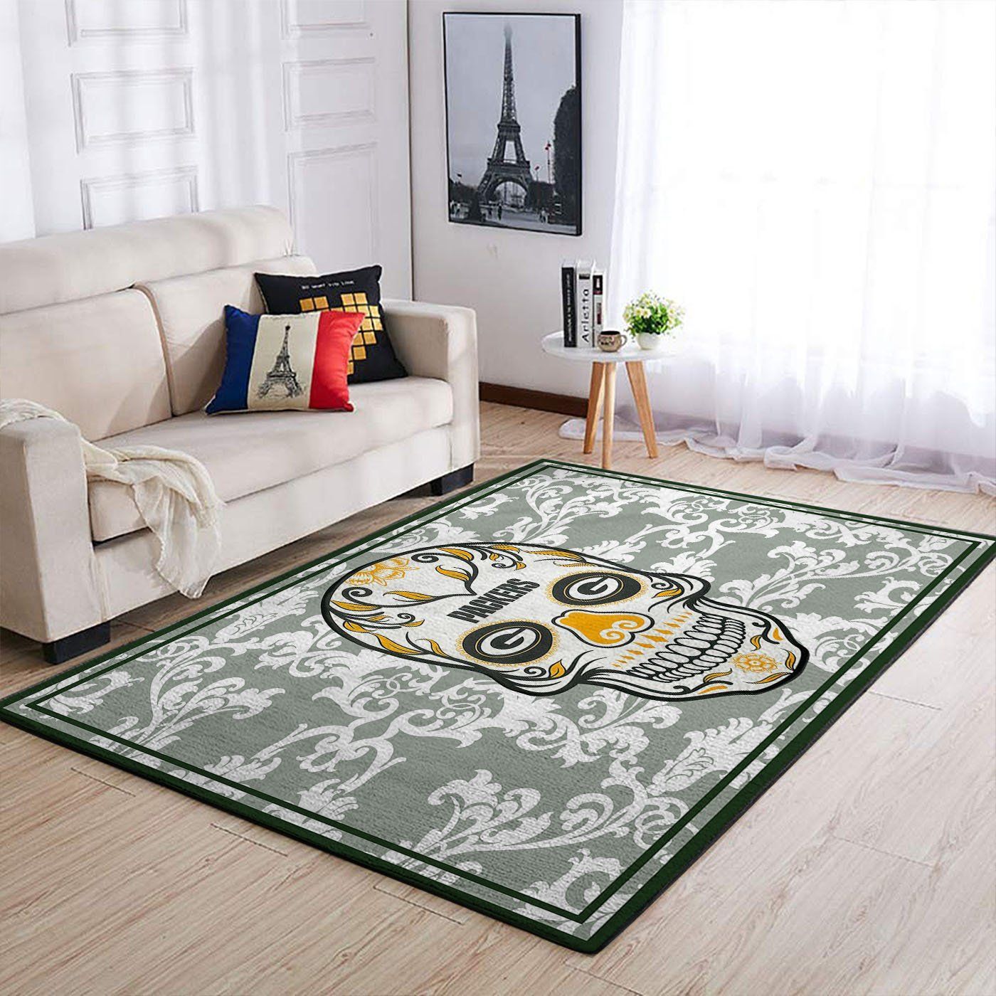 Green Bay Packers Nfl Team Logo Skull Flower Style Nice Gift Home Decor Rectangle Area Rug - Indoor Outdoor Rugs