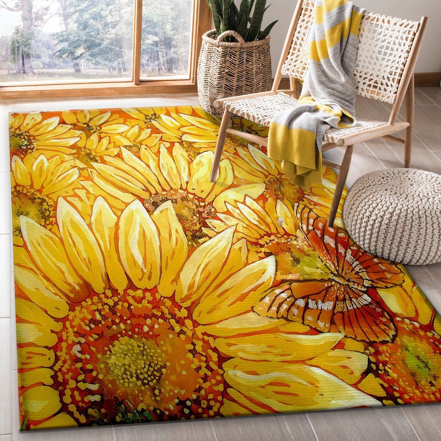 Sunflower And Butterfly Rug Bedroom Carpet - Indoor Outdoor Rugs